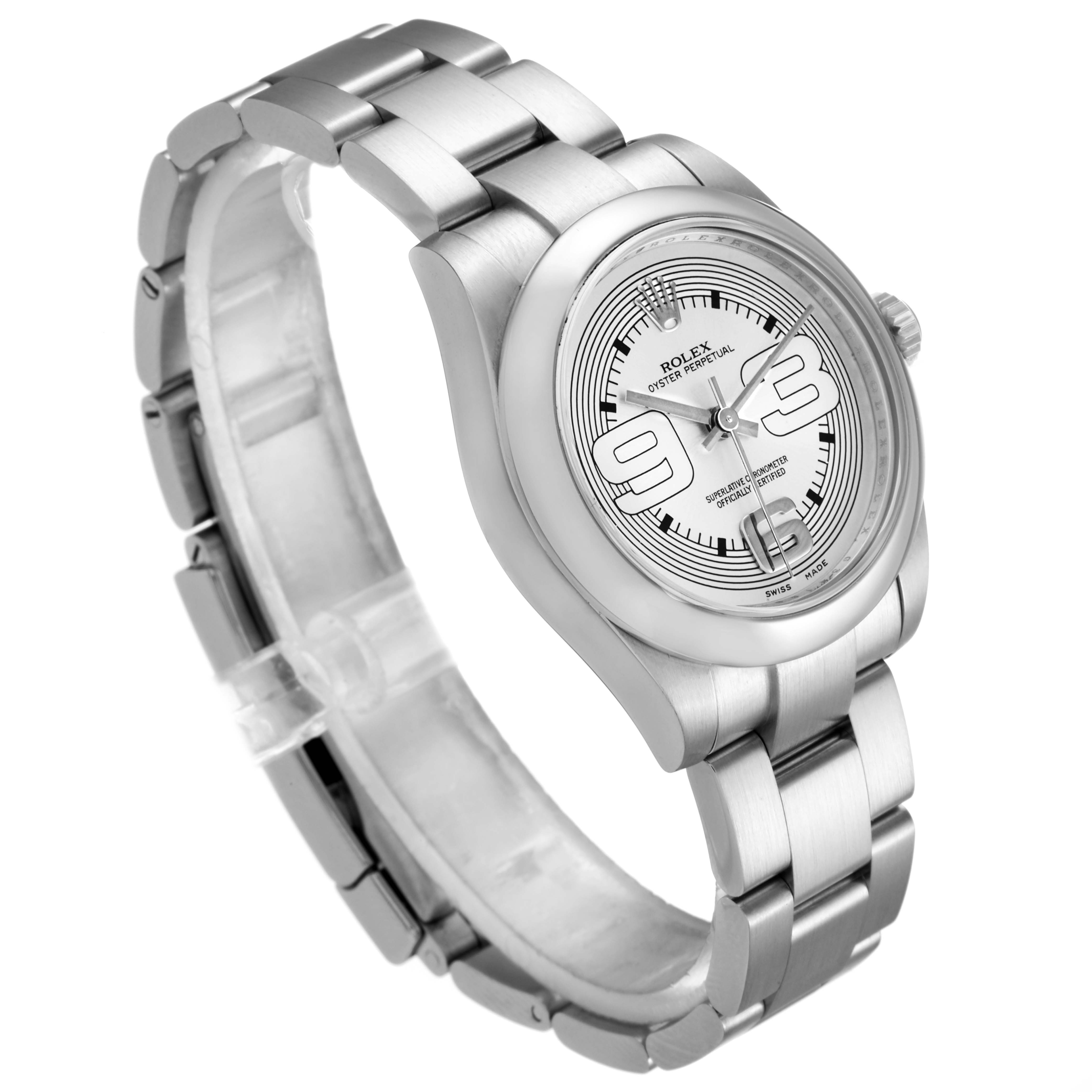 The image shows a side and oblique view of a Rolex Oyster Perpetual Mid-Size watch, highlighting its silver band and dial.