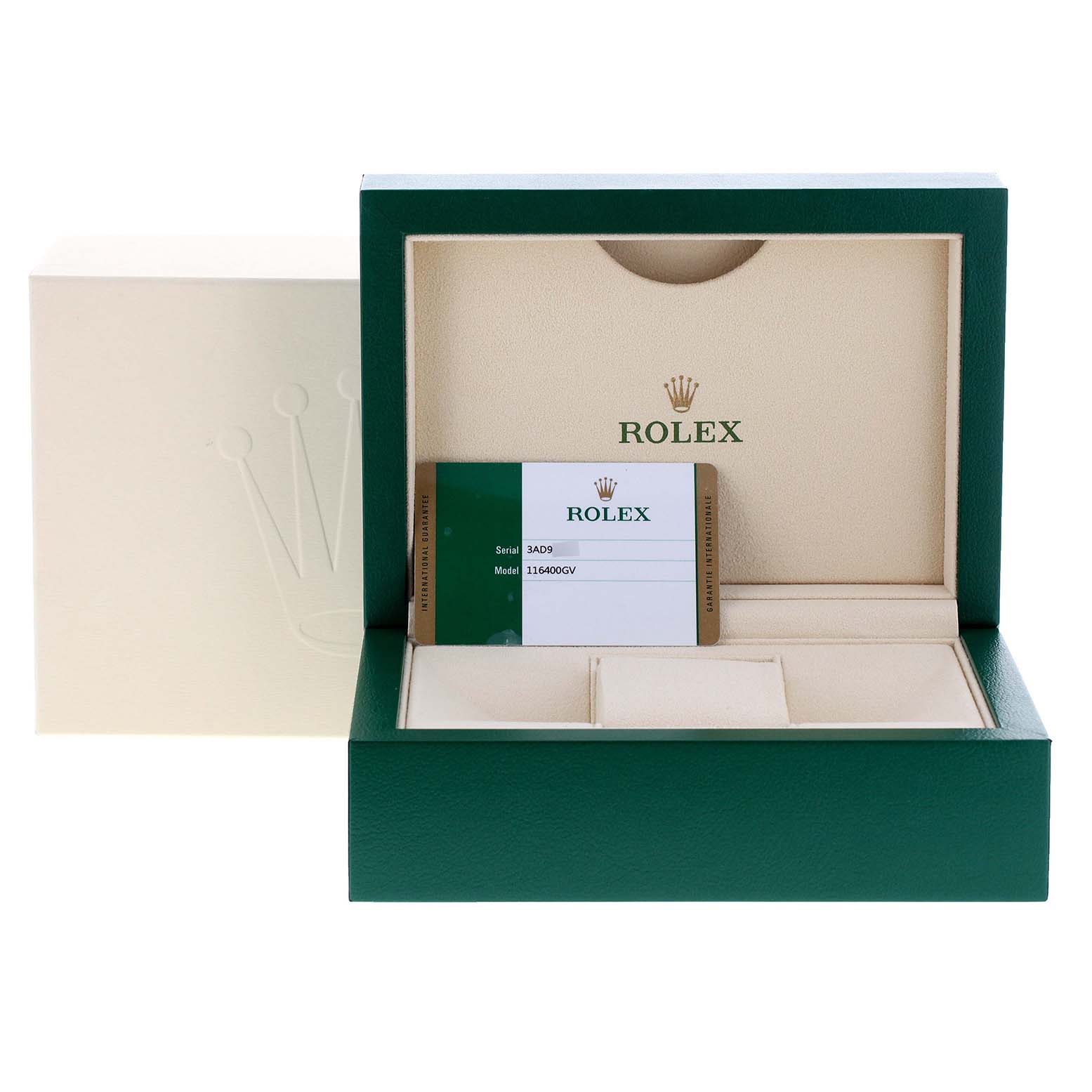 The image shows an open Rolex Milgauss 116400V Men's Stainless Steel Black Dial 116400V Men's Stainless Steel Black Dial watch box with the warranty card inside.