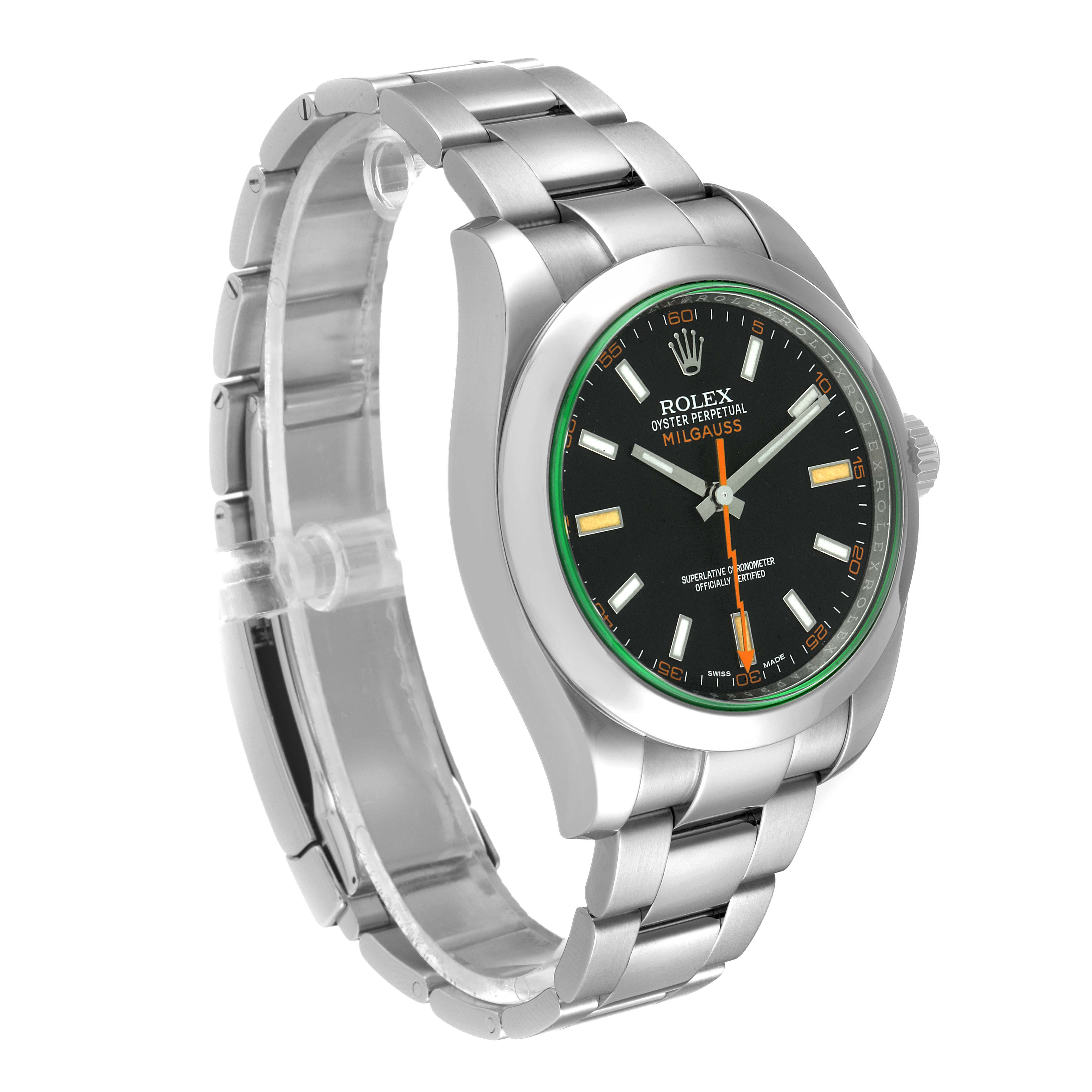 The Rolex Milgauss 116400V Men's Stainless Steel Black Dial 116400V Men's Stainless Steel Black Dial watch is shown at a three-quarter angle, highlighting its stainless steel case and bracelet, black dial, and green sapphire crystal.