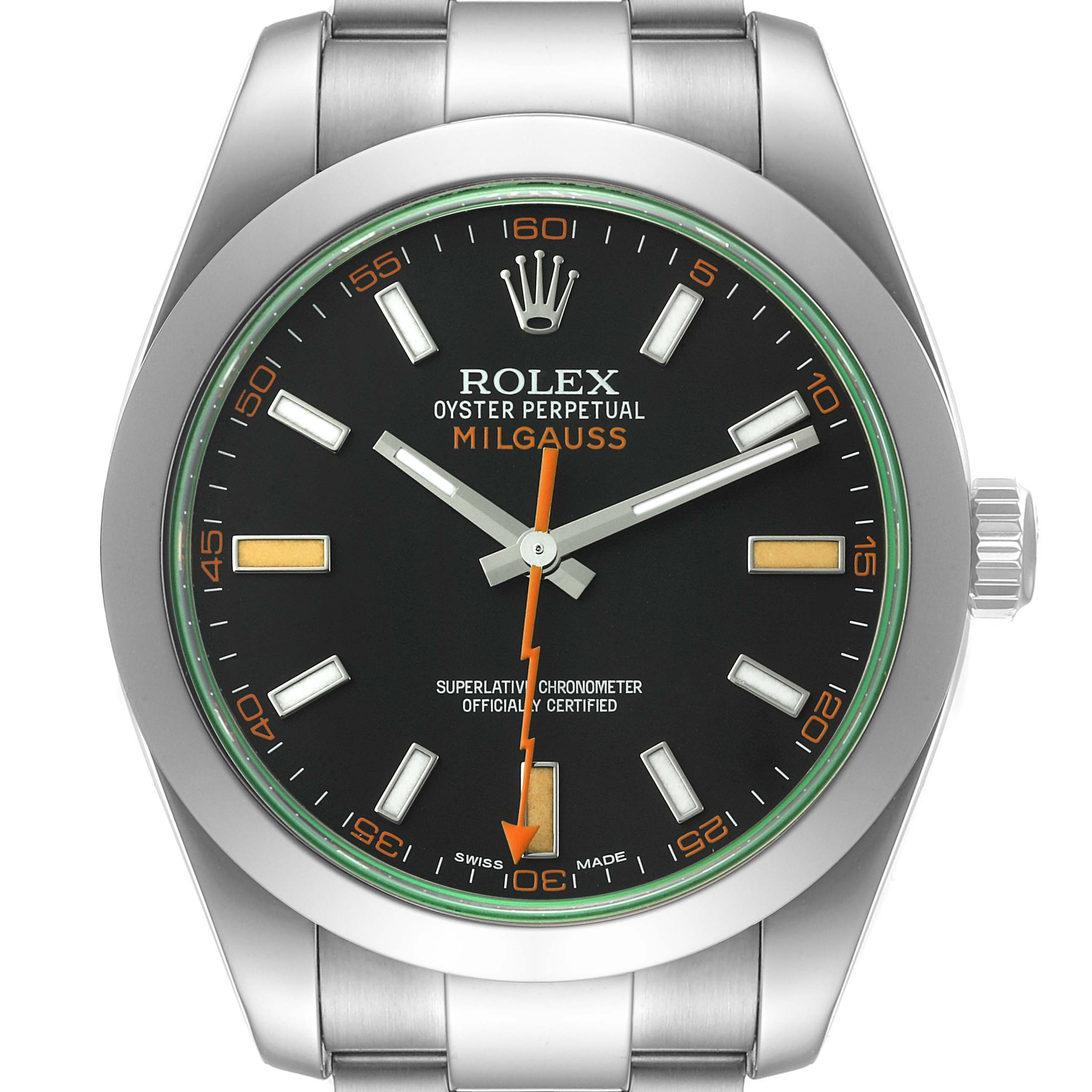 The image shows a front view of a Rolex Milgauss 116400V Men's Stainless Steel Black Dial 116400V Men's Stainless Steel Black Dial watch, featuring its round dial, hour markers, hands, and the bracelet's top links.