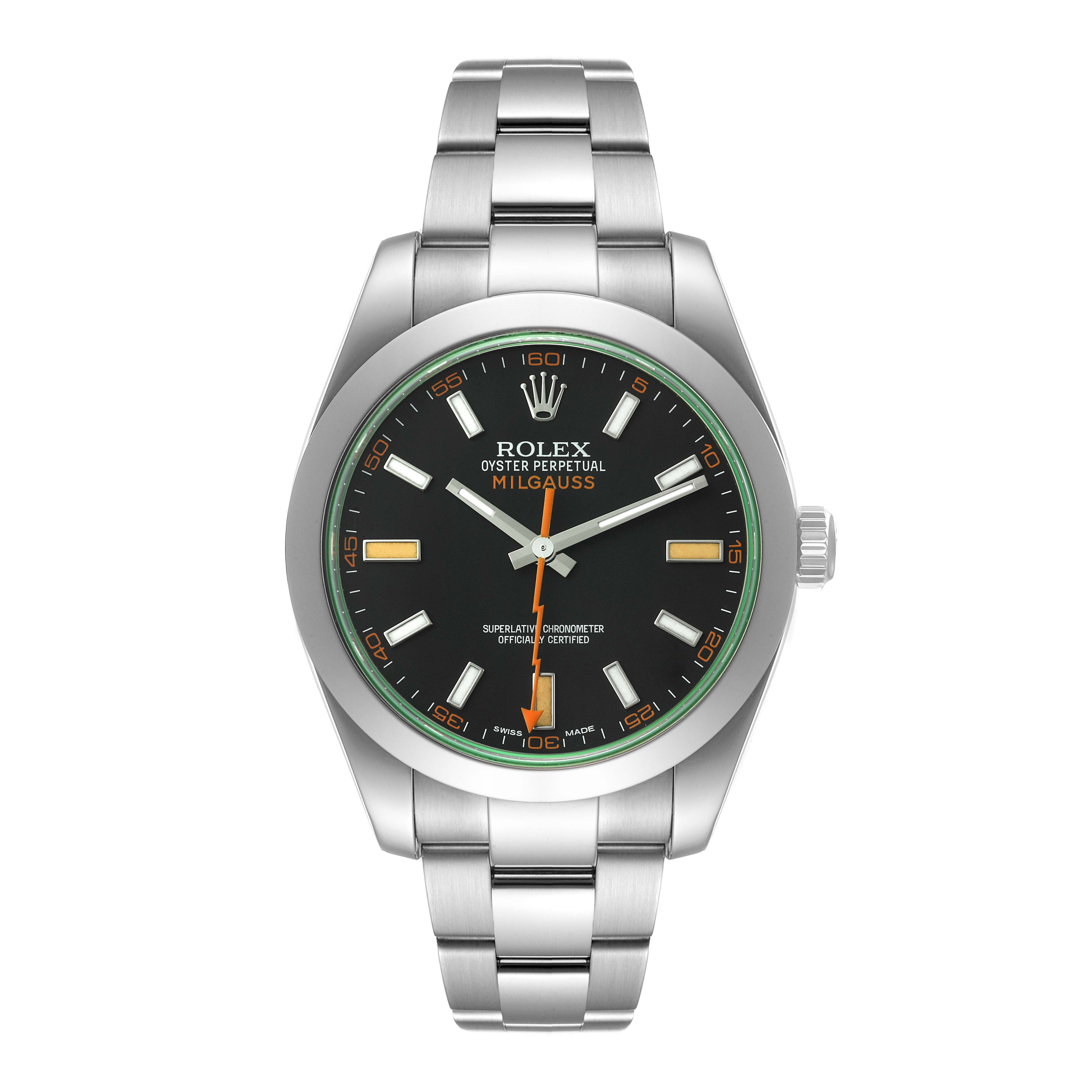This image shows a front view of the Rolex Milgauss 116400V Men's Stainless Steel Black Dial 116400V Men's Stainless Steel Black Dial watch with its face, bezel, and stainless steel bracelet fully visible.
