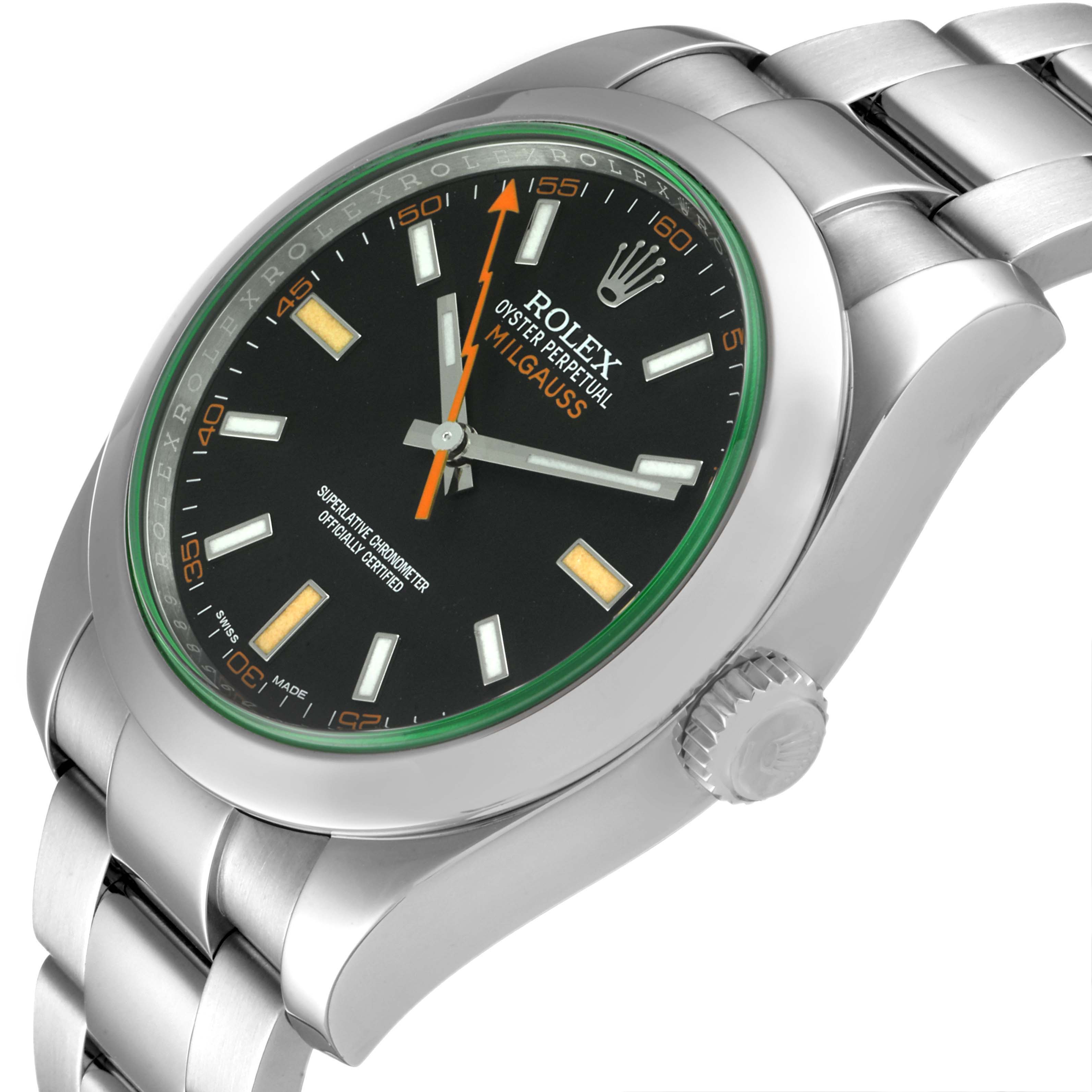 This image shows a Rolex Milgauss 116400V Men's Stainless Steel Black Dial 116400V Men's Stainless Steel Black Dial watch from a three-quarter angle, highlighting the dial, case, bracelet, and crown.
