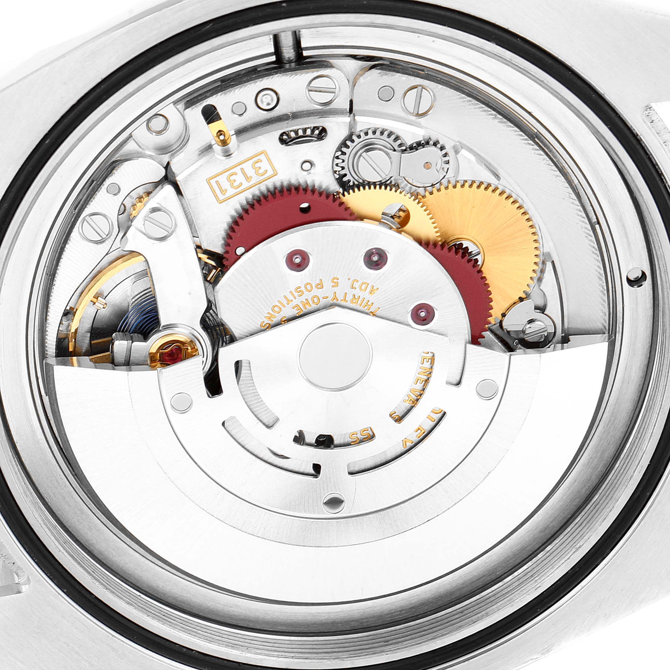 The image shows the inner mechanical movement of a Rolex Milgauss 116400V Men's Stainless Steel Black Dial 116400V Men's Stainless Steel Black Dial watch from a top-down angle.