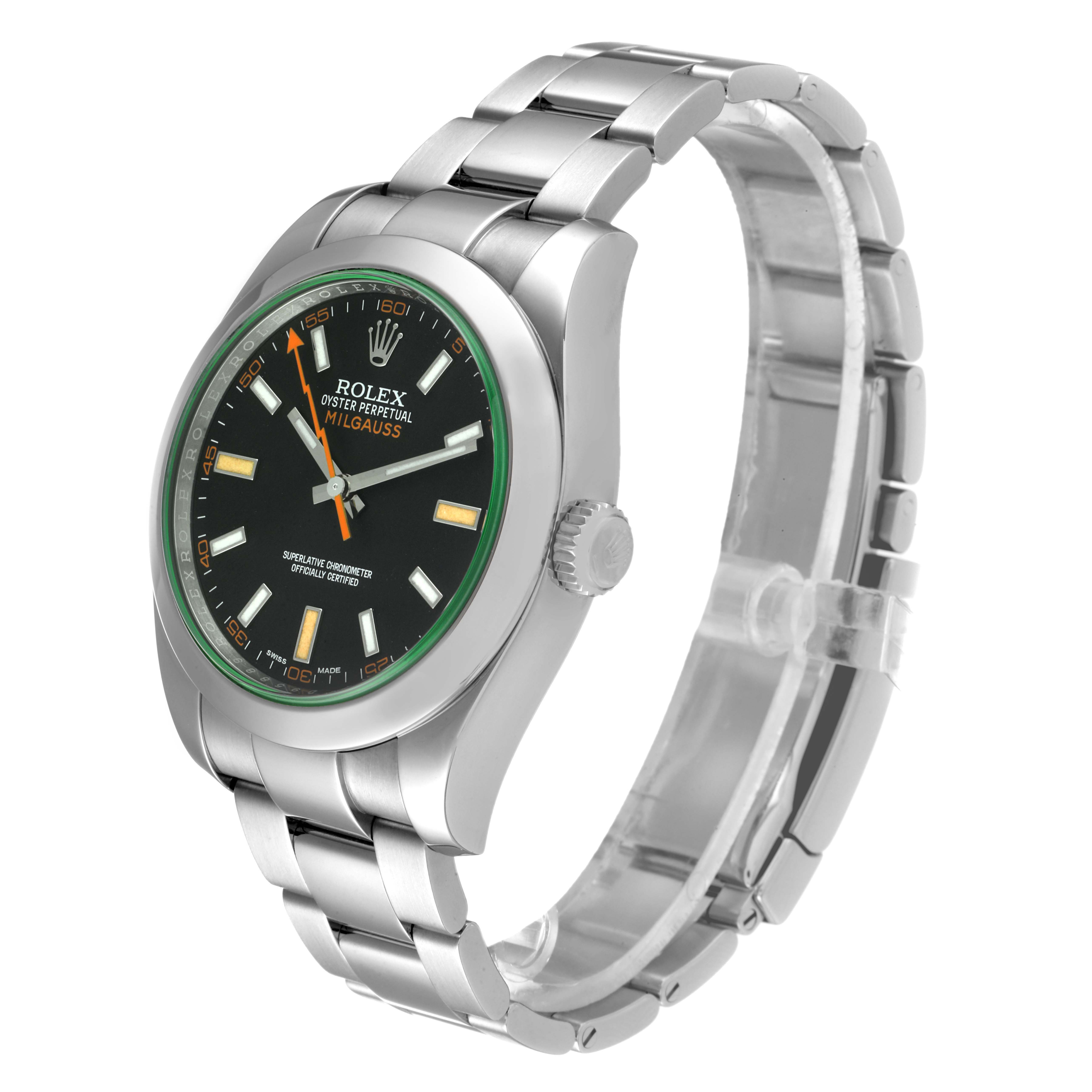 The image shows a Rolex Milgauss 116400V Men's Stainless Steel Black Dial 116400V Men's Stainless Steel Black Dial watch at a slight angle, displaying the face, bezel, crown, and part of the bracelet.