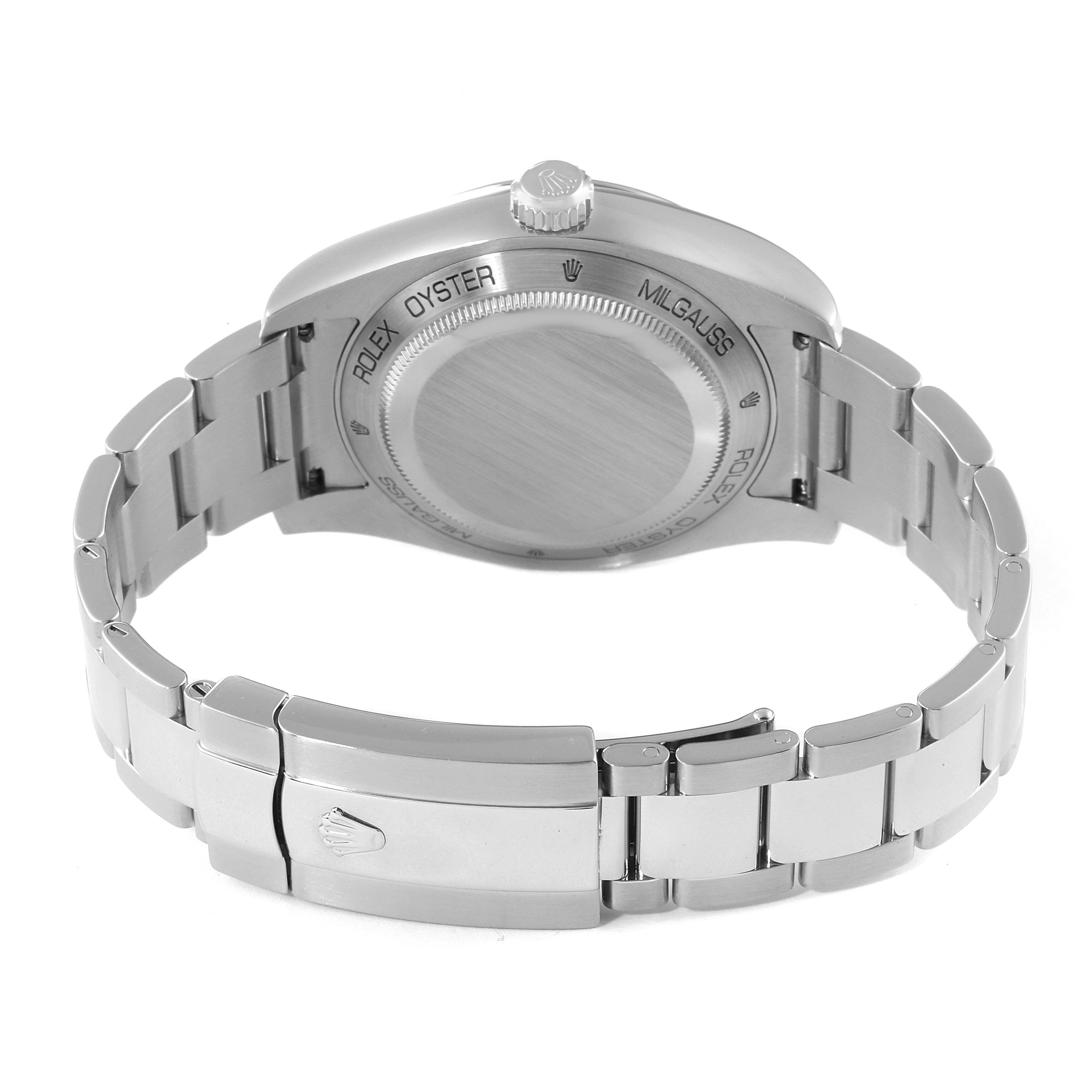 The image shows the back and clasp of a Rolex Milgauss 116400V Men's Stainless Steel Black Dial 116400V Men's Stainless Steel Black Dial watch taken from a rear angle.