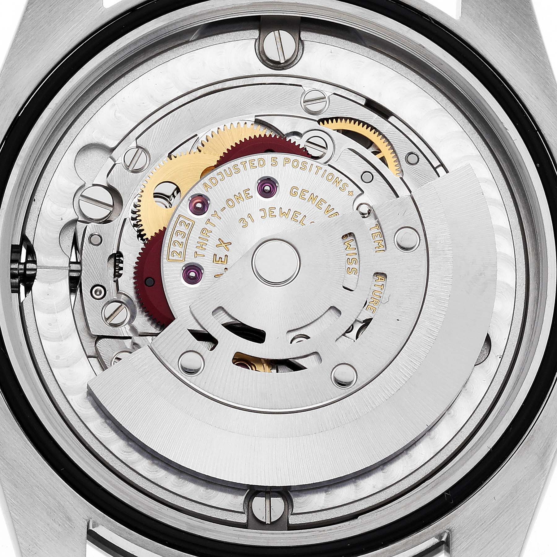 This image shows a close-up of the movement mechanism from the back of a Rolex Oyster Perpetual 124200 Men's Stainless Steel Silver Dial 124200 Men's Stainless Steel Silver Dial watch.