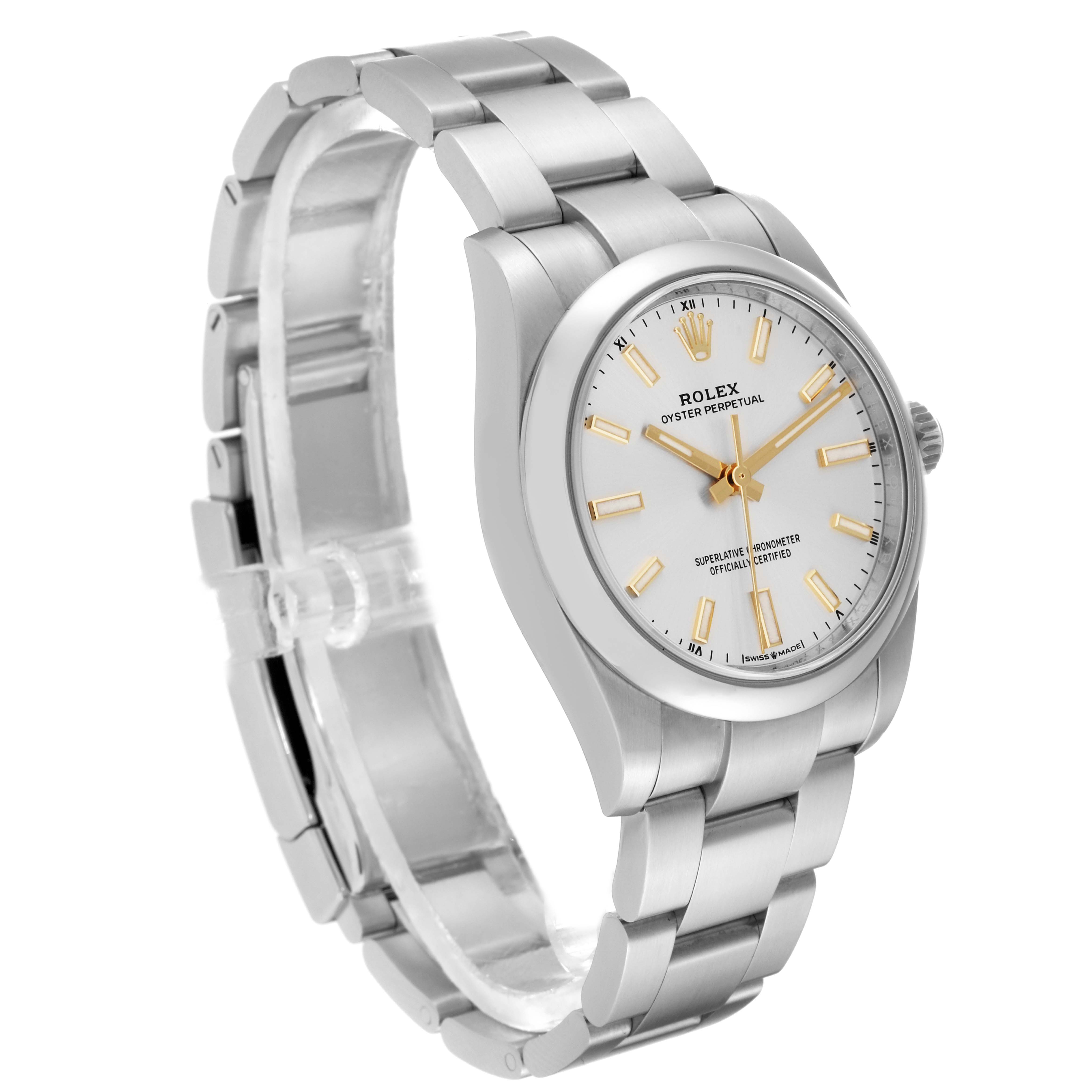 The image shows a Rolex Oyster Perpetual 124200 Men's Stainless Steel Silver Dial 124200 Men's Stainless Steel Silver Dial watch at a three-quarter angle, highlighting its silver bracelet, dial, and crown.