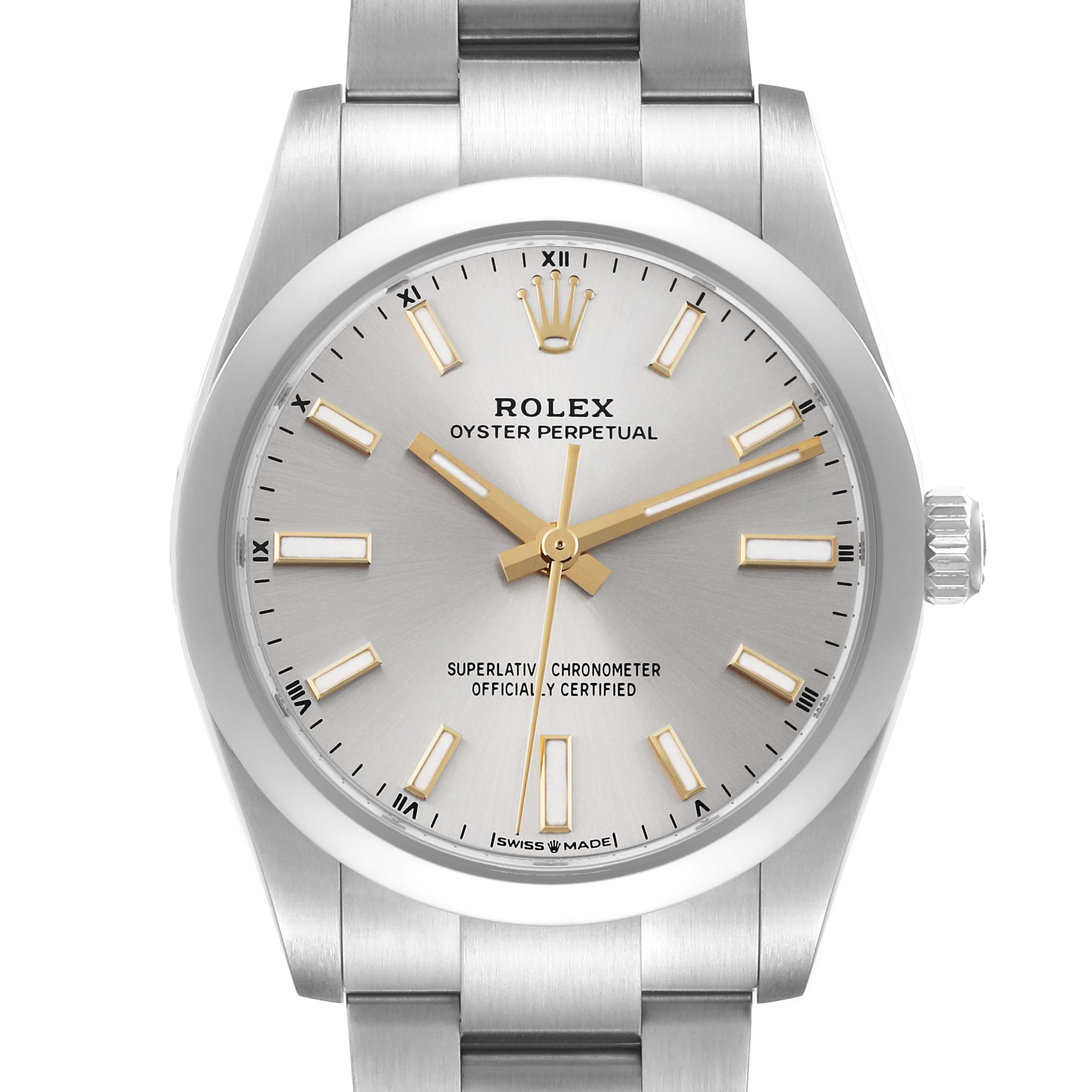 The image shows a front view of the Rolex Oyster Perpetual 124200 Men's Stainless Steel Silver Dial 124200 Men's Stainless Steel Silver Dial watch, displaying its face, bezel, crown, and part of the bracelet.