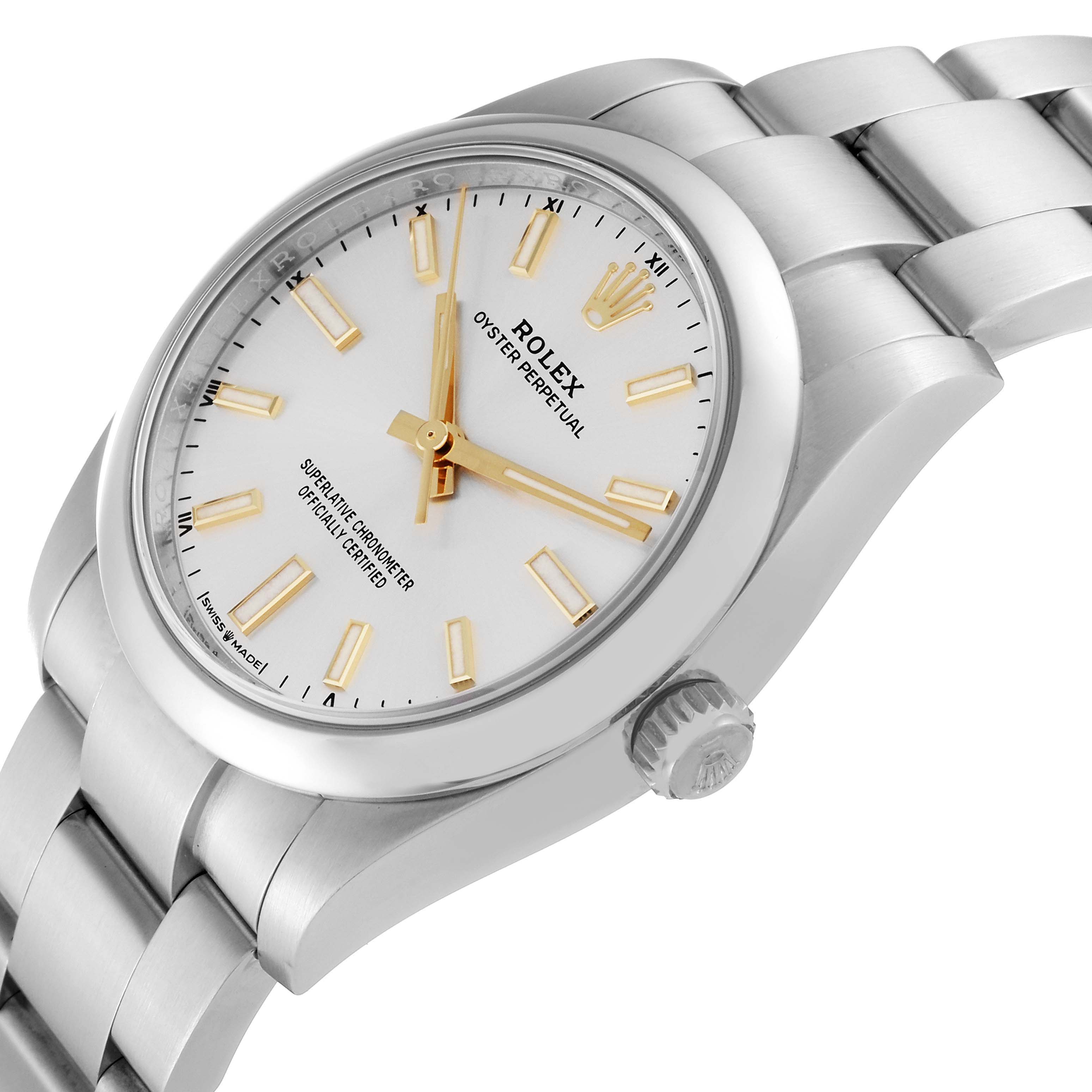 The image shows a Rolex Oyster Perpetual 124200 Men's Stainless Steel Silver Dial 124200 Men's Stainless Steel Silver Dial watch from a diagonal angle, highlighting the dial, bezel, crown, and bracelet.
