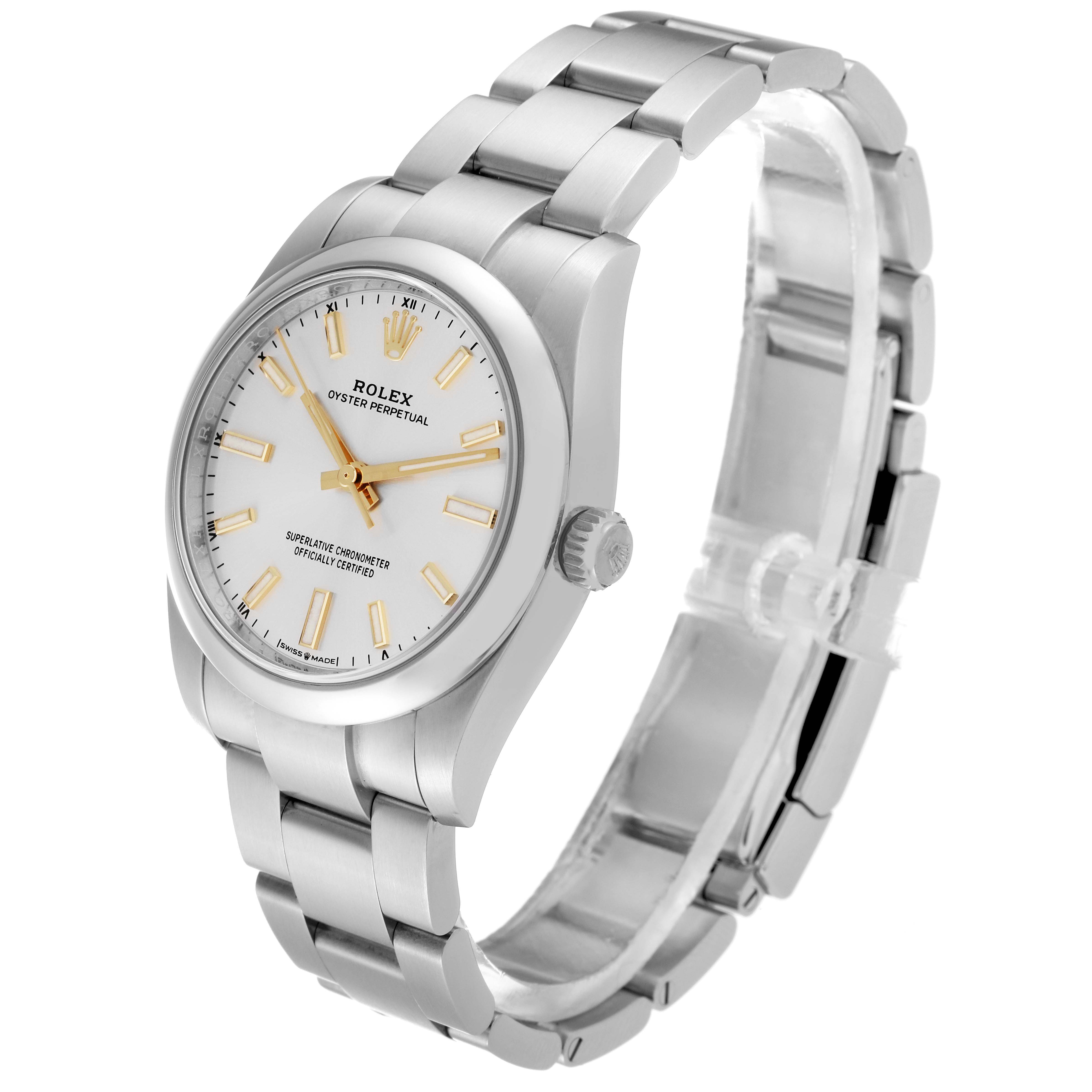 This image shows a side-angle view of a Rolex Oyster Perpetual 124200 Men's Stainless Steel Silver Dial 124200 Men's Stainless Steel Silver Dial watch, featuring its bracelet, crown, and dial.