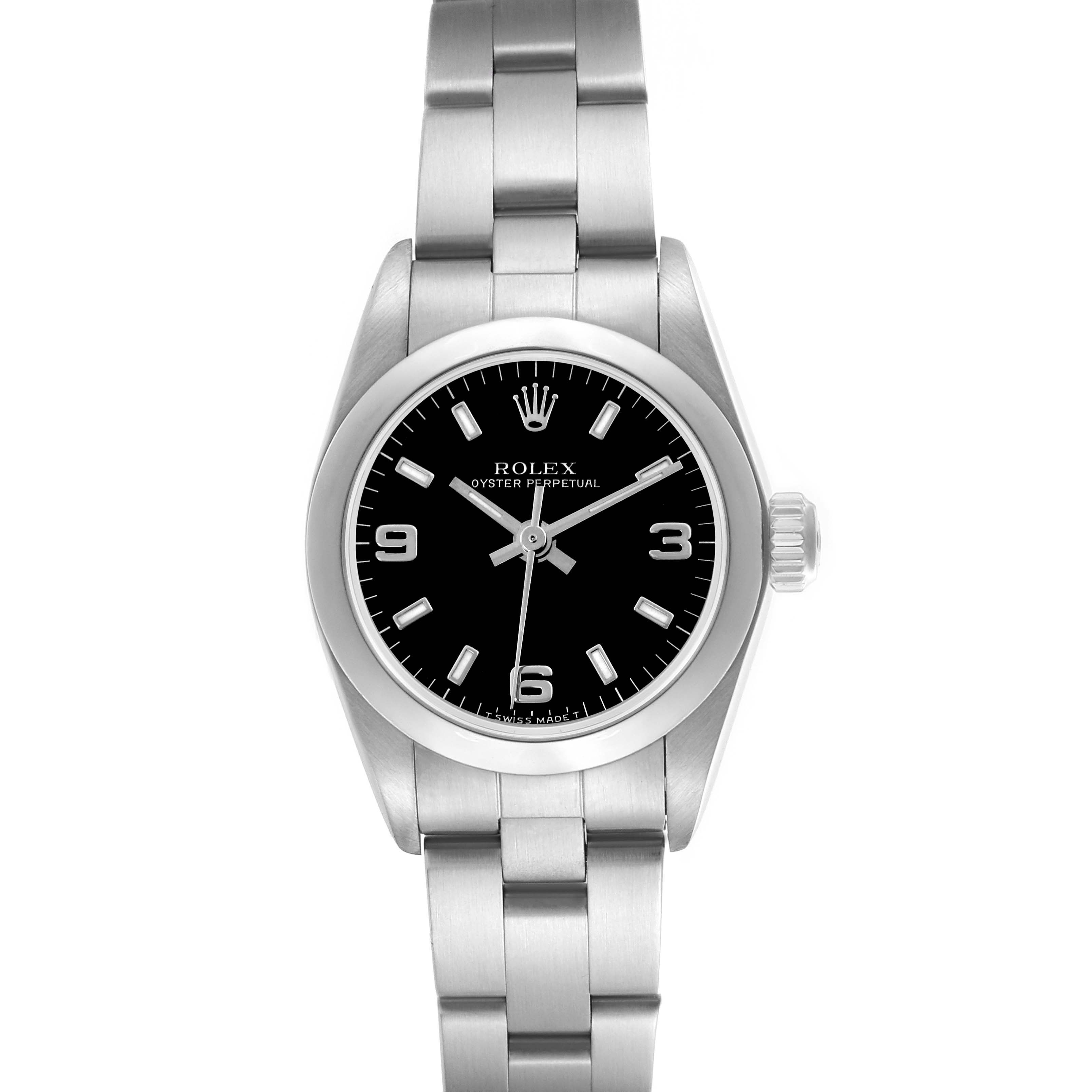 The Rolex Oyster Perpetual 67180 Women's Stainless Steel Black Dial 67180 Women's Stainless Steel Black Dial watch is shown from a top-down angle, displaying the face, bezel, and bracelet clearly.