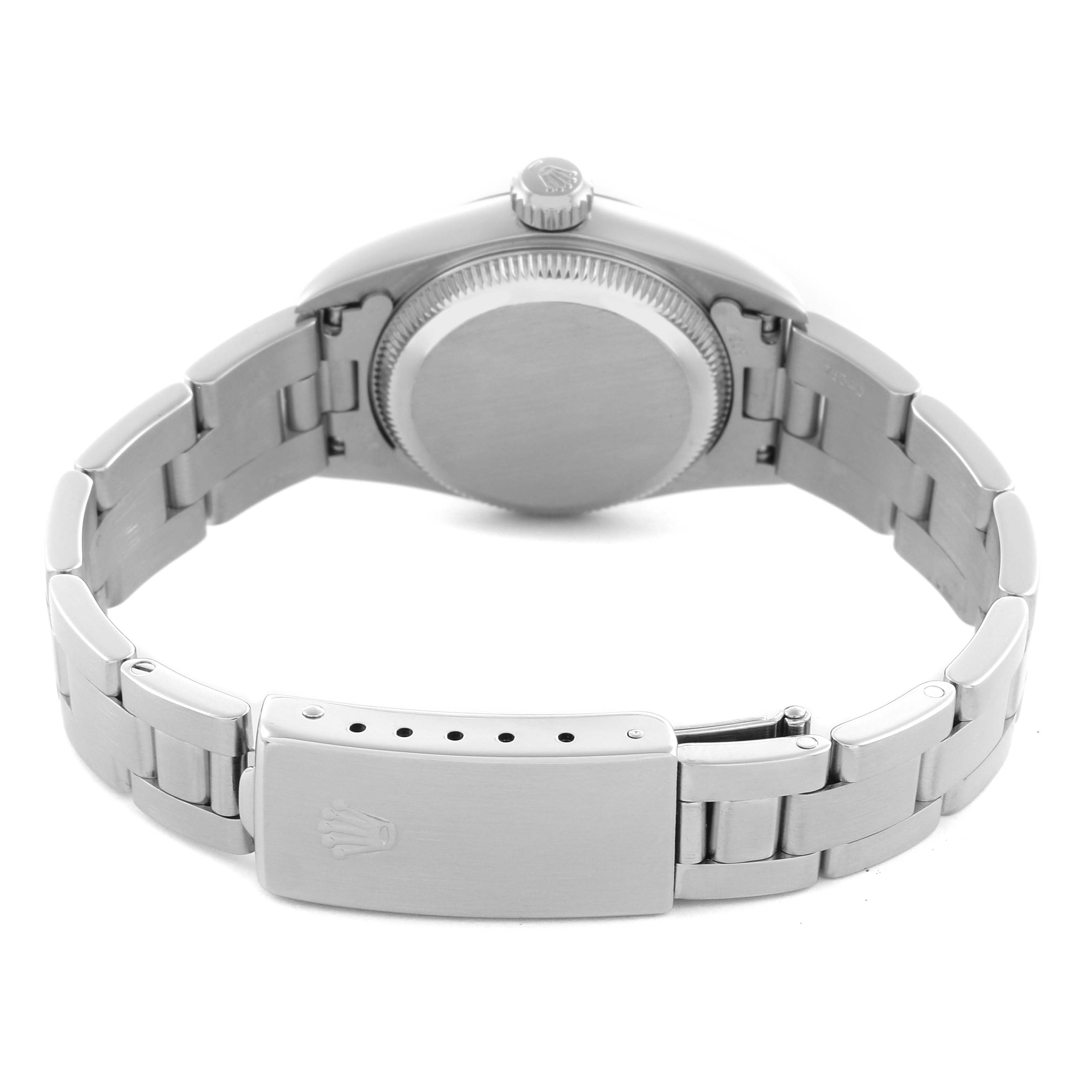 The image shows the back of a Rolex Oyster Perpetual 67180 Women's Stainless Steel Black Dial 67180 Women's Stainless Steel Black Dial watch highlighting the caseback, bracelet, and clasp.