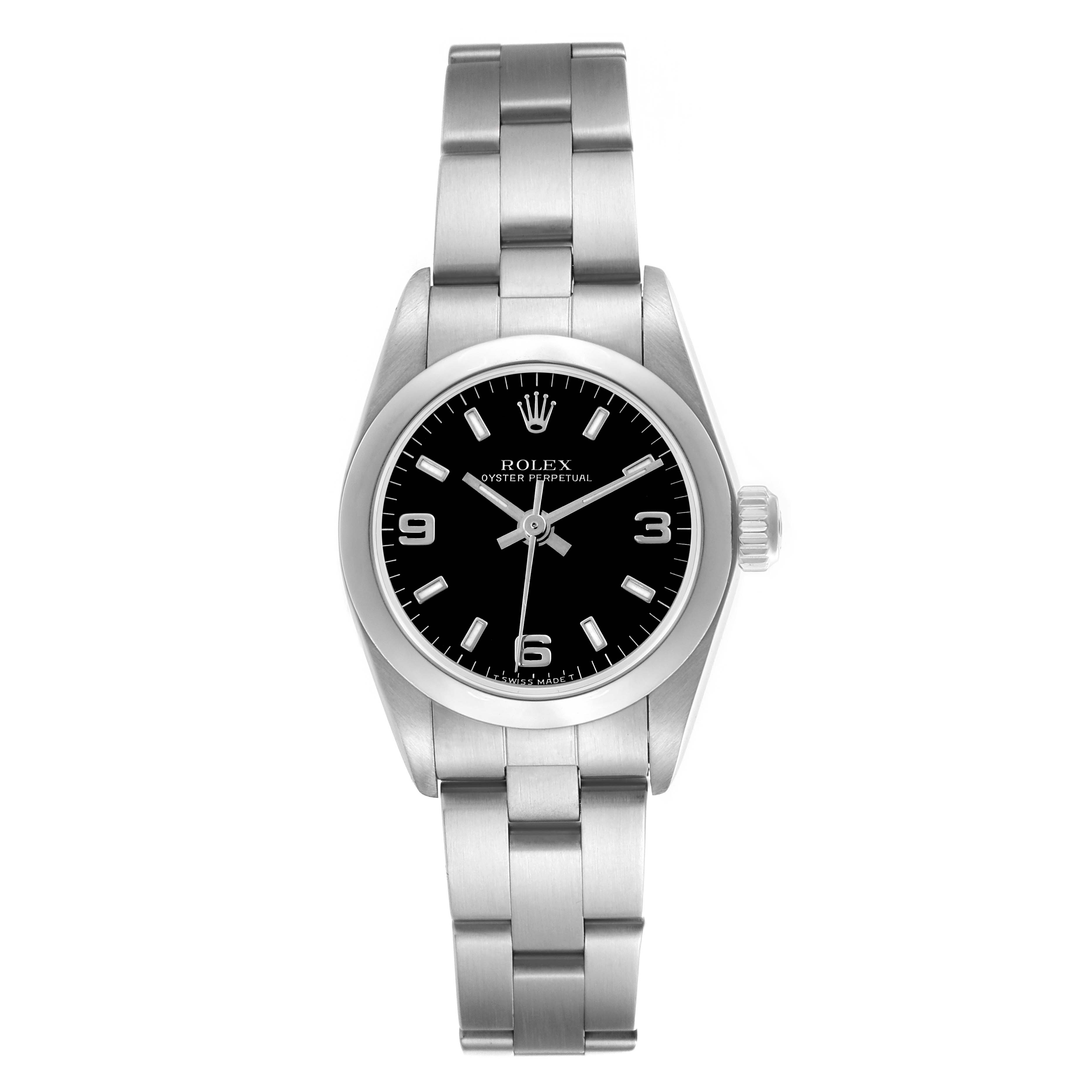 The Rolex Oyster Perpetual 67180 Women's Stainless Steel Black Dial 67180 Women's Stainless Steel Black Dial watch is shown in a front view, displaying the bracelet, black dial, and crown.