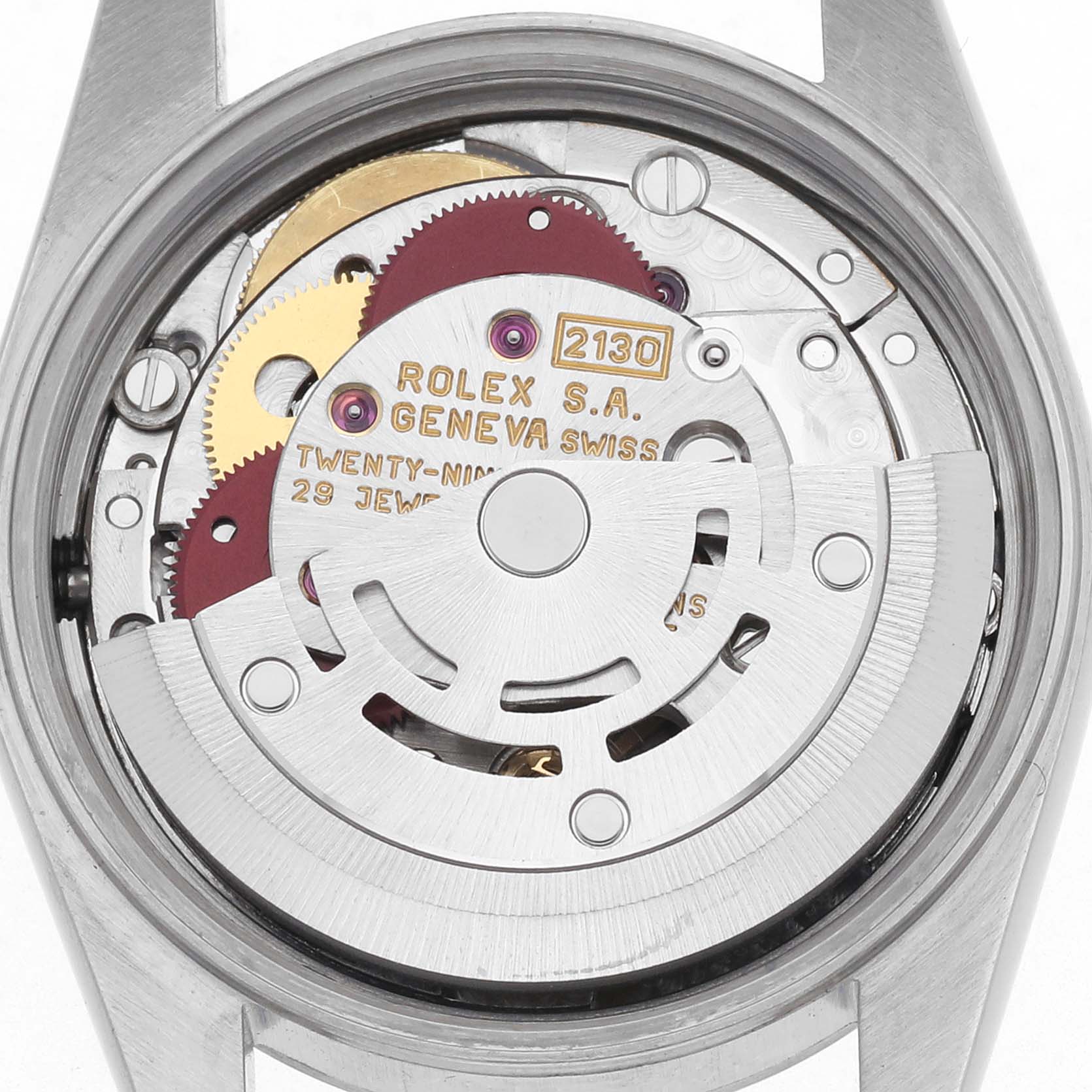 The image shows the back view of a Rolex Oyster Perpetual 67180 Women's Stainless Steel Black Dial 67180 Women's Stainless Steel Black Dial watch, specifically displaying its movement mechanism.
