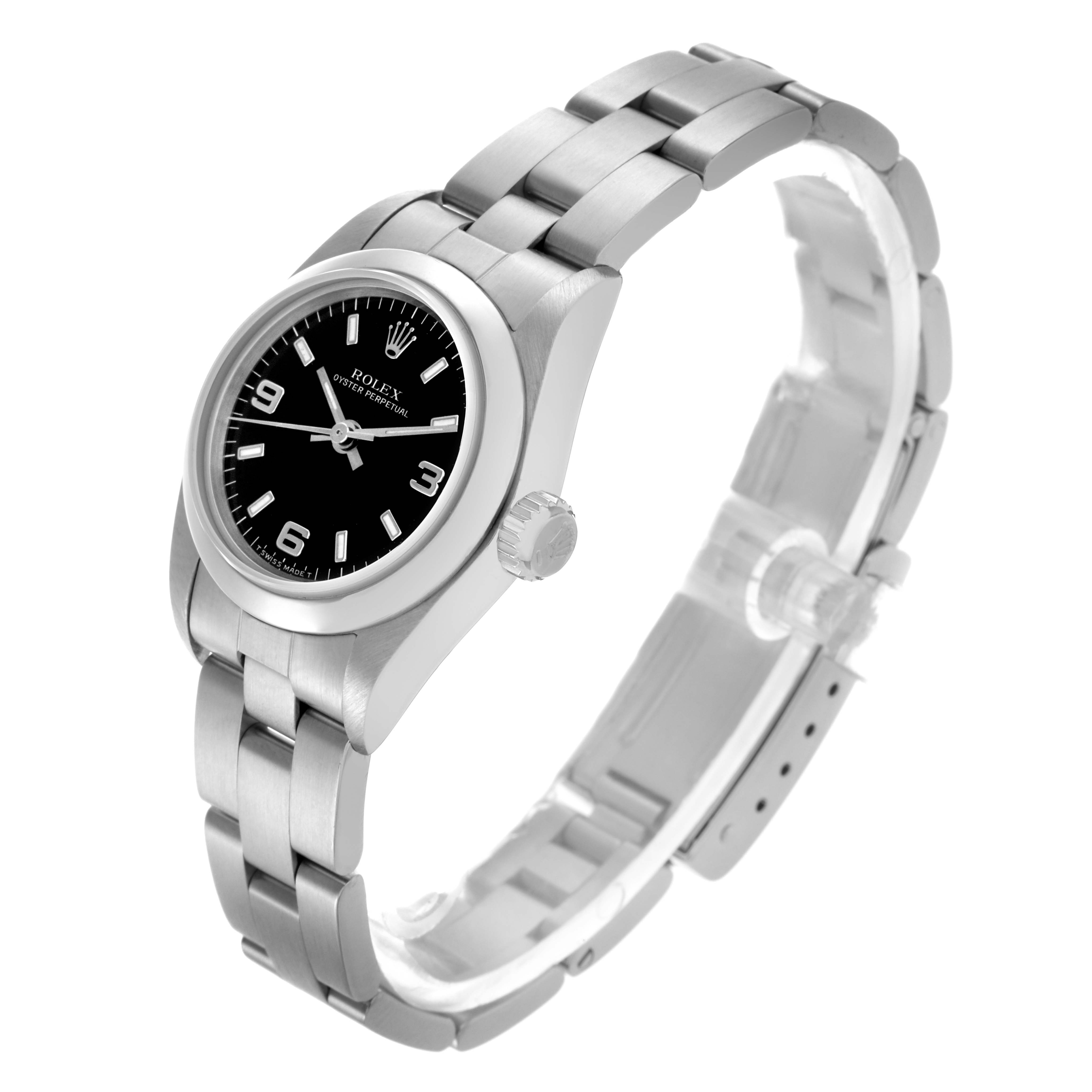 The Rolex Oyster Perpetual 67180 Women's Stainless Steel Black Dial 67180 Women's Stainless Steel Black Dial watch is shown at a side angle, displaying the face, bezel, crown, and stainless steel bracelet.