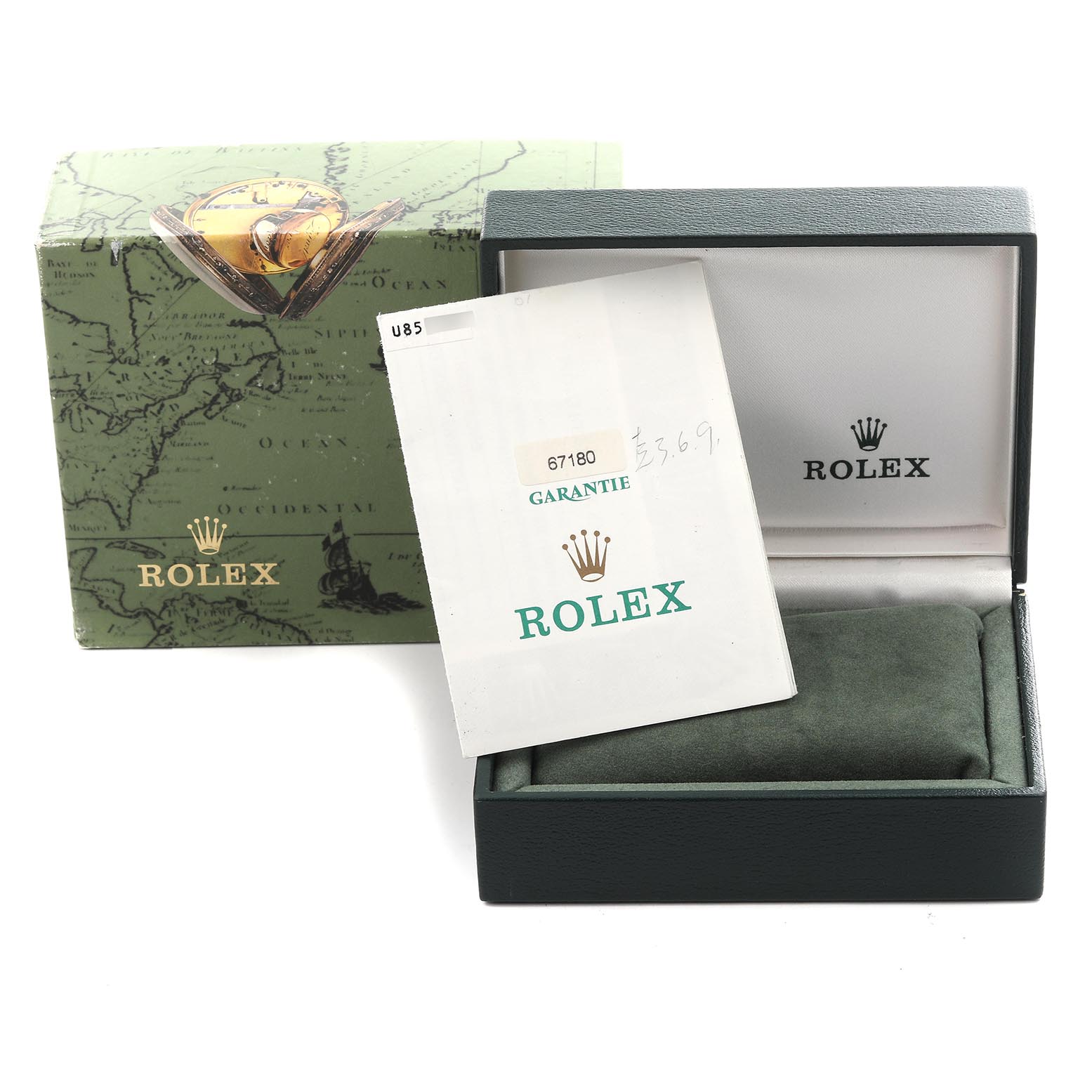 The image shows a Rolex Oyster Perpetual 67180 Women's Stainless Steel Black Dial 67180 Women's Stainless Steel Black Dial box, warranty card, and cushion from a slightly elevated angle.