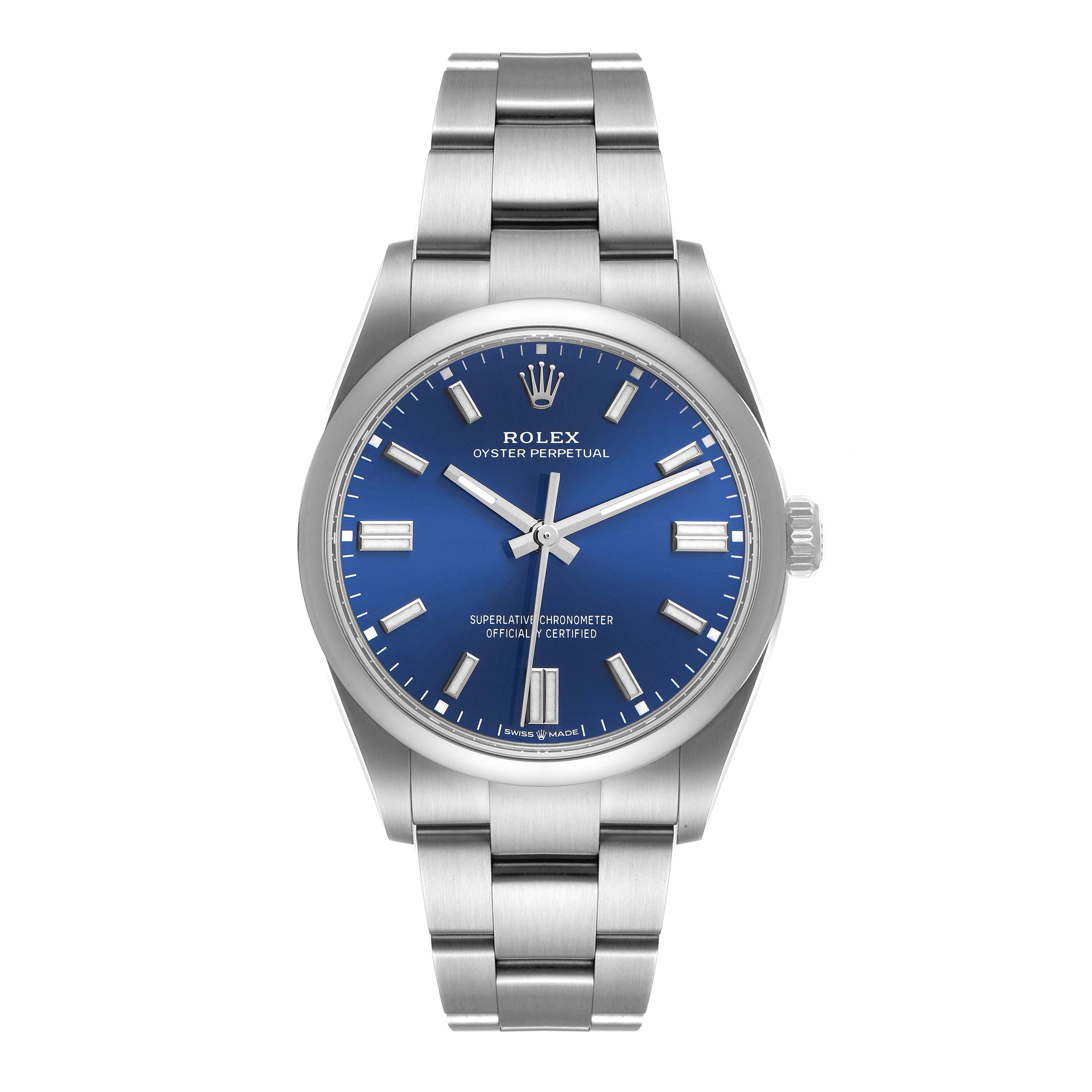 The image shows a front view of a Rolex Oyster Perpetual 126000 Men's Stainless Steel Blue Dial 126000 Men's Stainless Steel Blue Dial watch with a blue dial and a stainless steel bracelet.