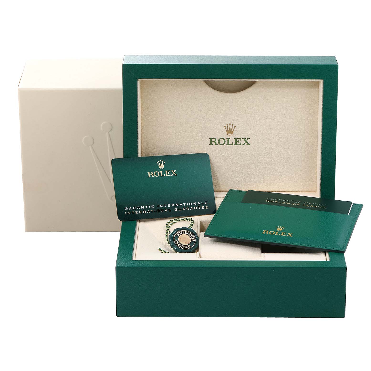 The image shows the packaging, warranty cards, and hang tag for a Rolex Oyster Perpetual 126000 Men's Stainless Steel Blue Dial 126000 Men's Stainless Steel Blue Dial watch.