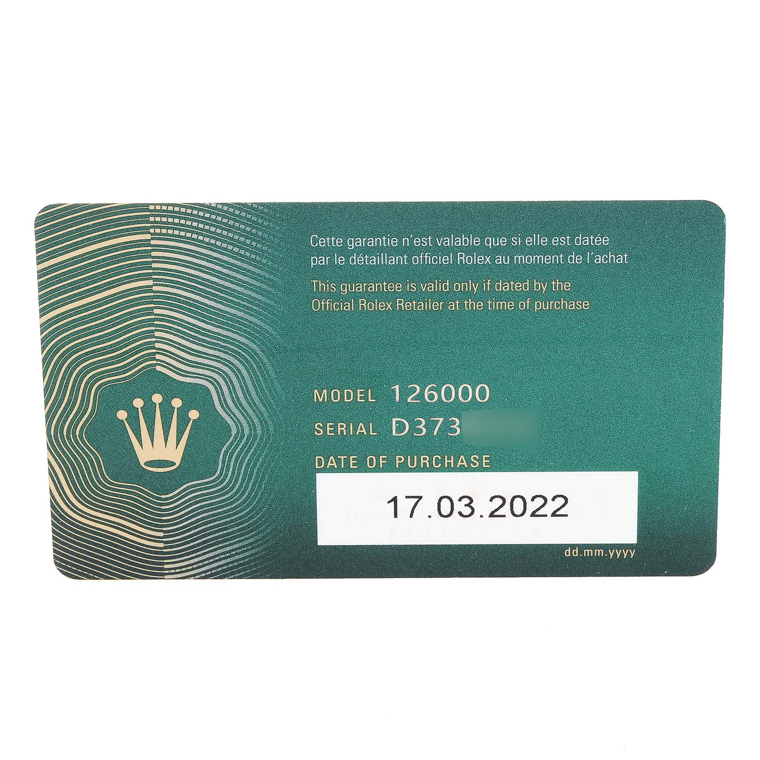 The image shows a green Rolex warranty card for the Oyster Perpetual model 126000, with the purchase date of 17.03.2022.