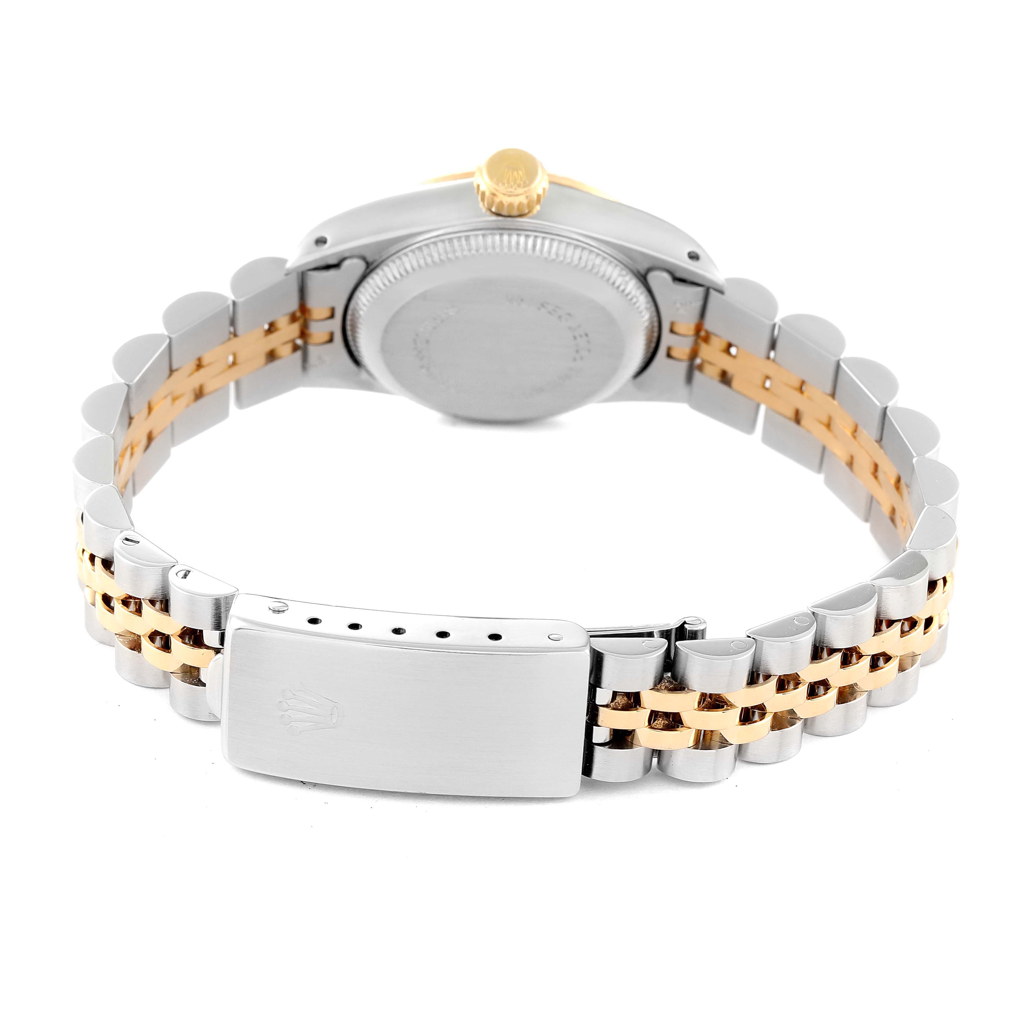 This image shows the back view of a Rolex Oyster Perpetual 67193 Women's Steel and Gold (two tone) Champagne Dial 67193 Women's Steel and Gold (two tone) Champagne Dial watch, highlighting the case back and the two-tone bracelet with clasp.