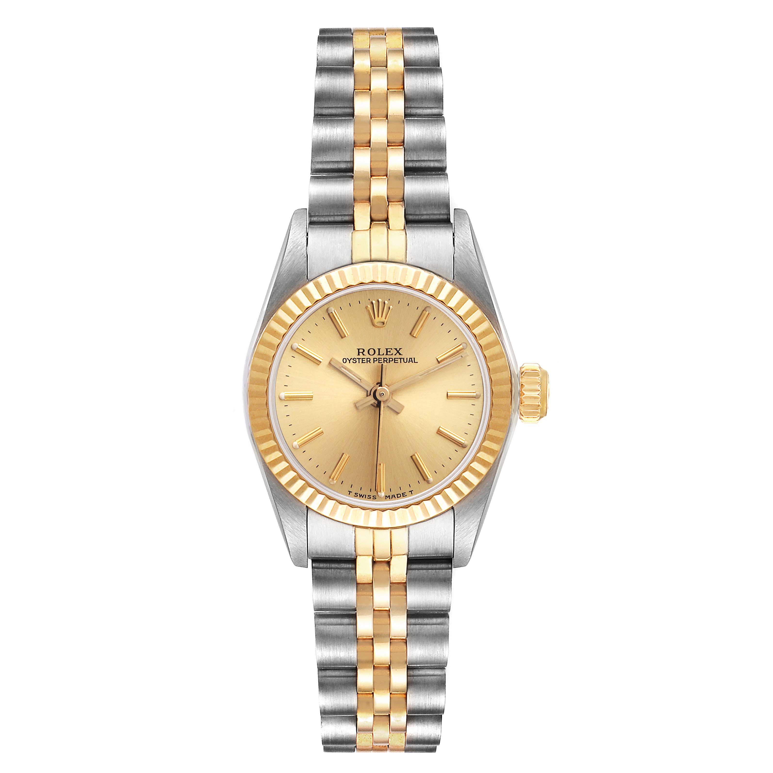 This image displays a front view of a Rolex Oyster Perpetual 67193 Women's Steel and Gold (two tone) Champagne Dial 67193 Women's Steel and Gold (two tone) Champagne Dial watch, featuring a gold and silver dial and bracelet.