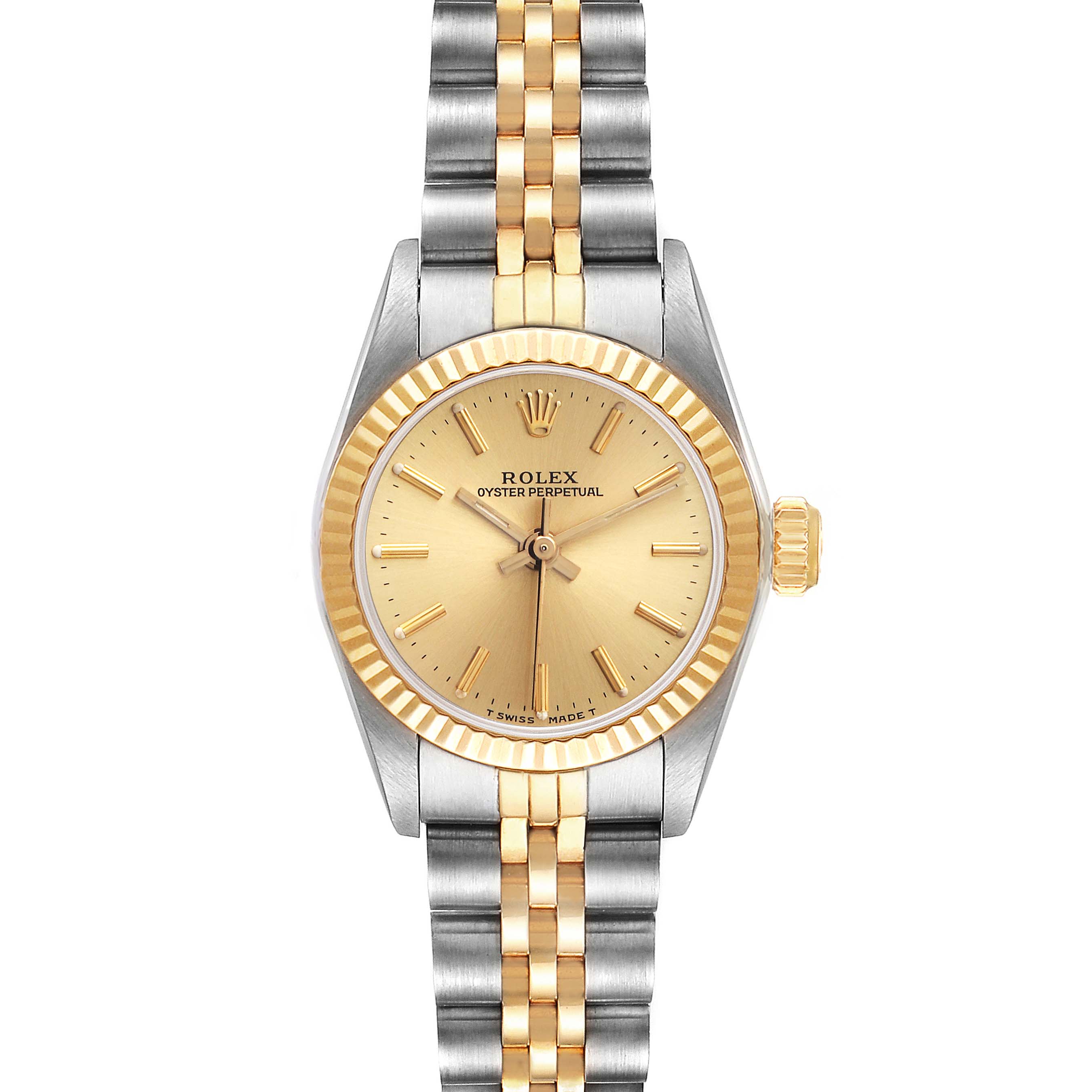 The image shows a front view of the Rolex Oyster Perpetual 67193 Women's Steel and Gold (two tone) Champagne Dial 67193 Women's Steel and Gold (two tone) Champagne Dial watch with a two-tone gold and silver bracelet.