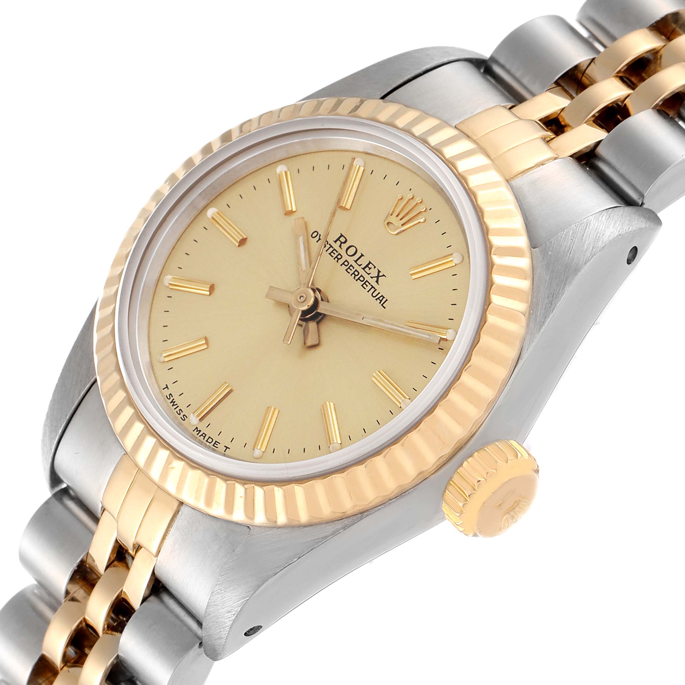 The image shows a close-up angled view of the Rolex Oyster Perpetual 67193 Women's Steel and Gold (two tone) Champagne Dial 67193 Women's Steel and Gold (two tone) Champagne Dial watch, highlighting the dial, bezel, crown, and part of the bracelet.