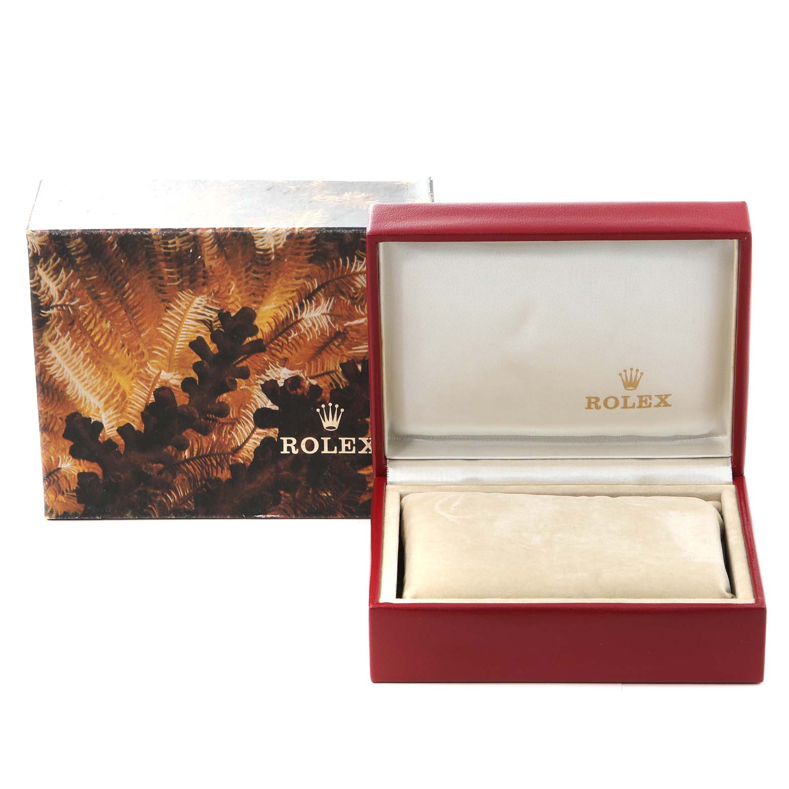 The image shows the Rolex Oyster Perpetual 67193 Women's Steel and Gold (two tone) Champagne Dial 67193 Women's Steel and Gold (two tone) Champagne Dial watch box and outer packaging at a front angle.