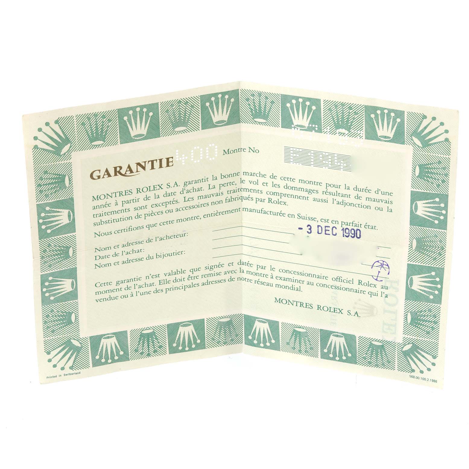 The image shows a guarantee certificate for the Rolex Oyster Perpetual 67193 Women's Steel and Gold (two tone) Champagne Dial 67193 Women's Steel and Gold (two tone) Champagne Dial model.