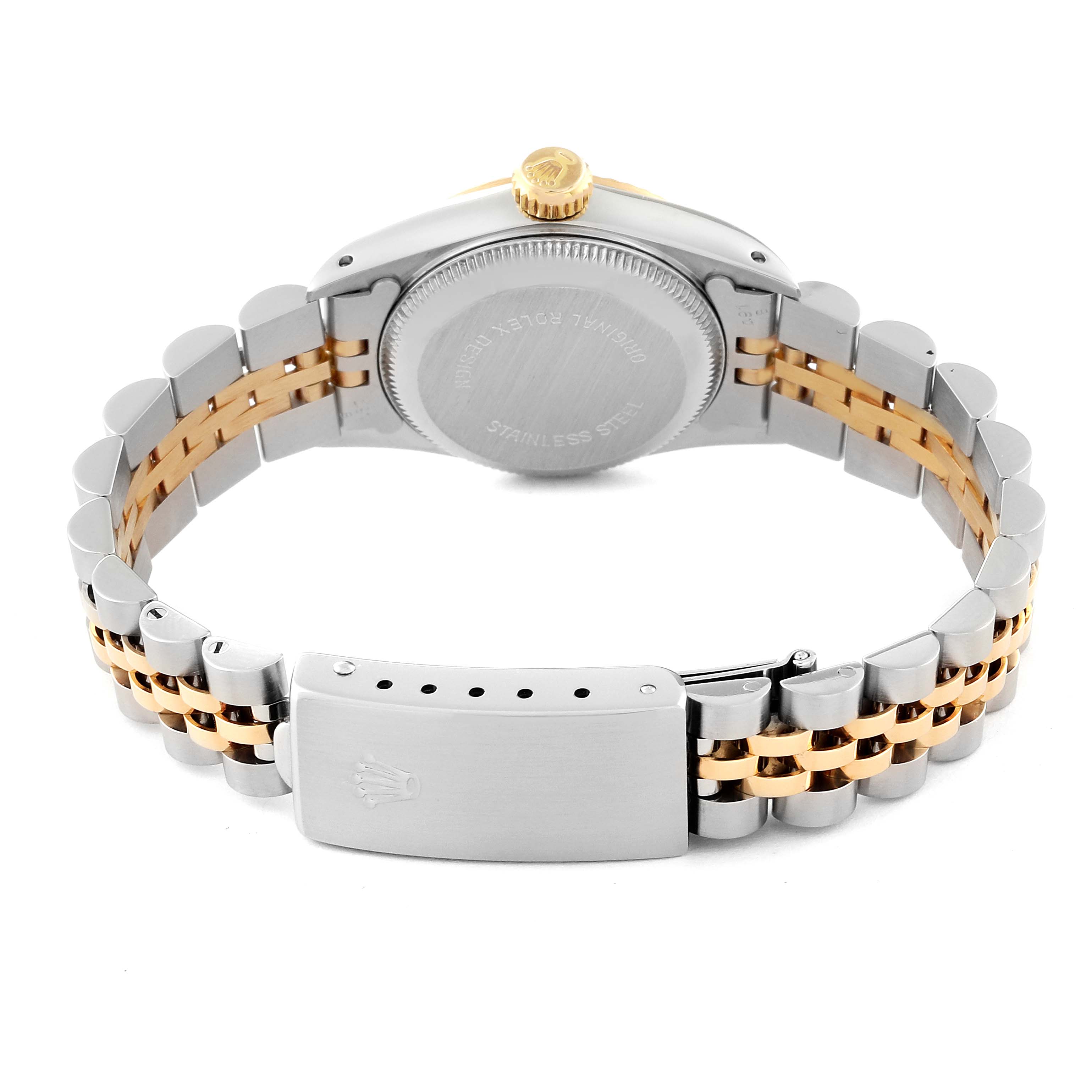 This image shows the back view of a Rolex Oyster Perpetual 67193 Women's Steel and Gold (two tone) Champagne Dial 67193 Women's Steel and Gold (two tone) Champagne Dial watch, highlighting its case back, crown, and two-tone bracelet with clasp.