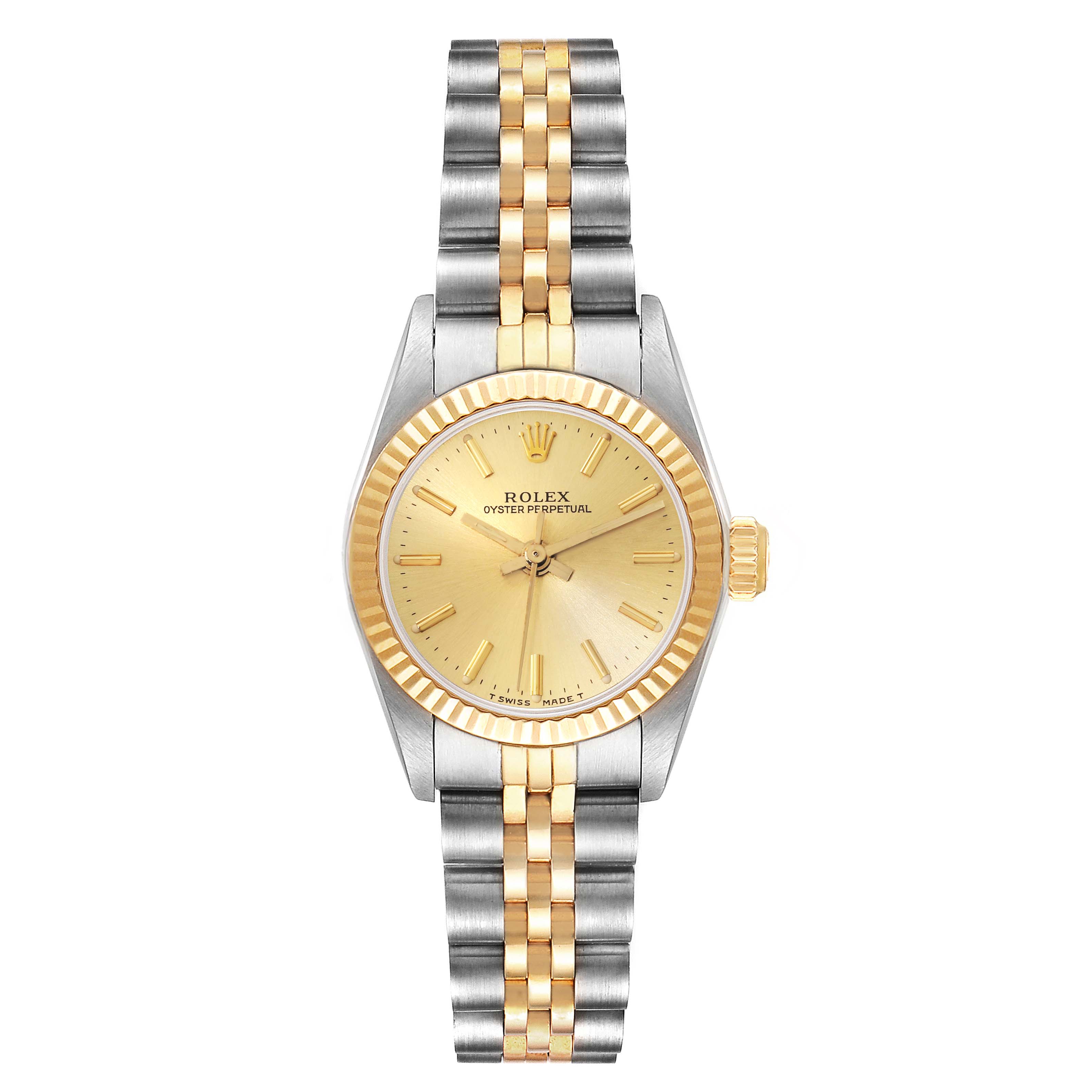 This image shows a front view of the Rolex Oyster Perpetual 67193 Women's Steel and Gold (two tone) Champagne Dial 67193 Women's Steel and Gold (two tone) Champagne Dial watch, featuring its two-tone bracelet and yellow gold fluted bezel.