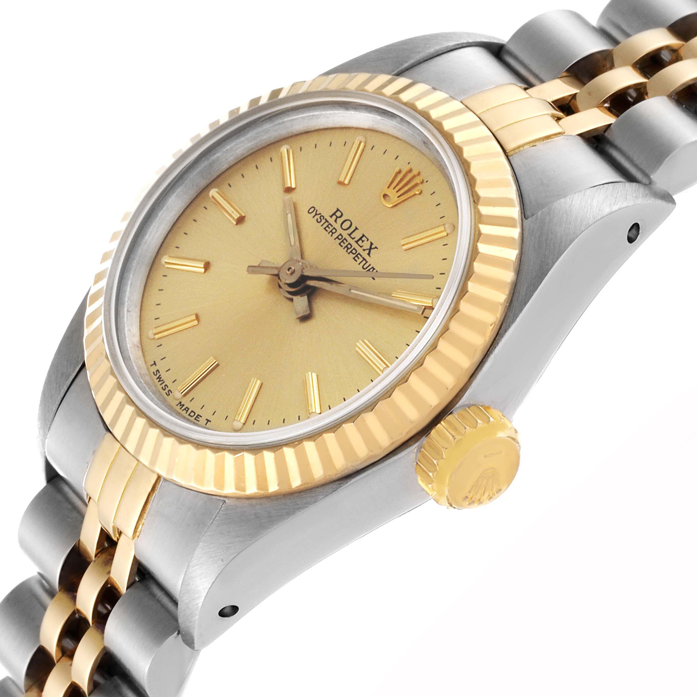 The image shows a side angle of a Rolex Oyster Perpetual 67193 Women's Steel and Gold (two tone) Champagne Dial 67193 Women's Steel and Gold (two tone) Champagne Dial watch, highlighting its gold bezel, crown, and two-tone bracelet.