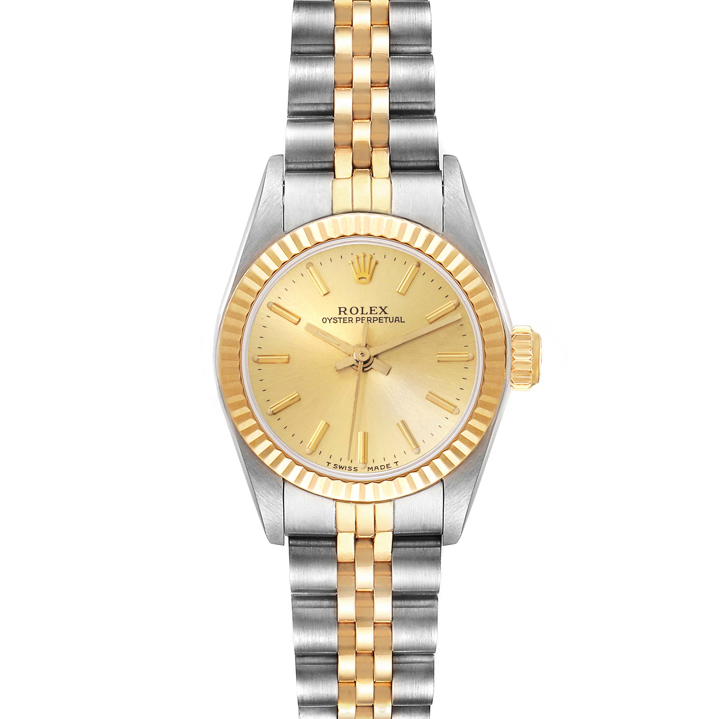 This view of the Rolex Oyster Perpetual 67193 Women's Steel and Gold (two tone) Champagne Dial 67193 Women's Steel and Gold (two tone) Champagne Dial watch shows the face, bezel, and two-tone bracelet.