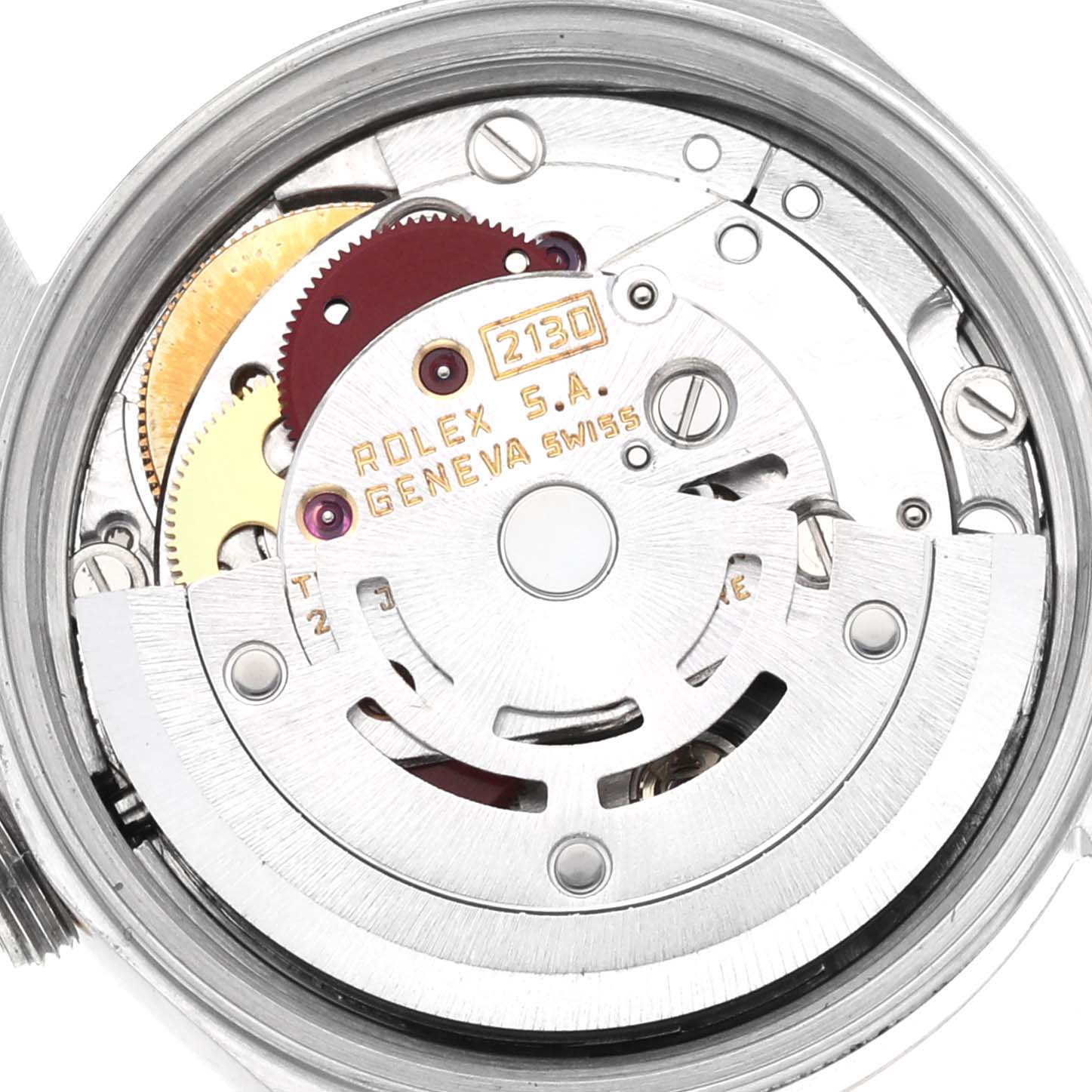 The image shows the internal mechanism of the Rolex Oyster Perpetual 67193 Women's Steel and Gold (two tone) Champagne Dial 67193 Women's Steel and Gold (two tone) Champagne Dial watch, highlighting gears and the inscription "Rolex S.A. Geneva Swiss."