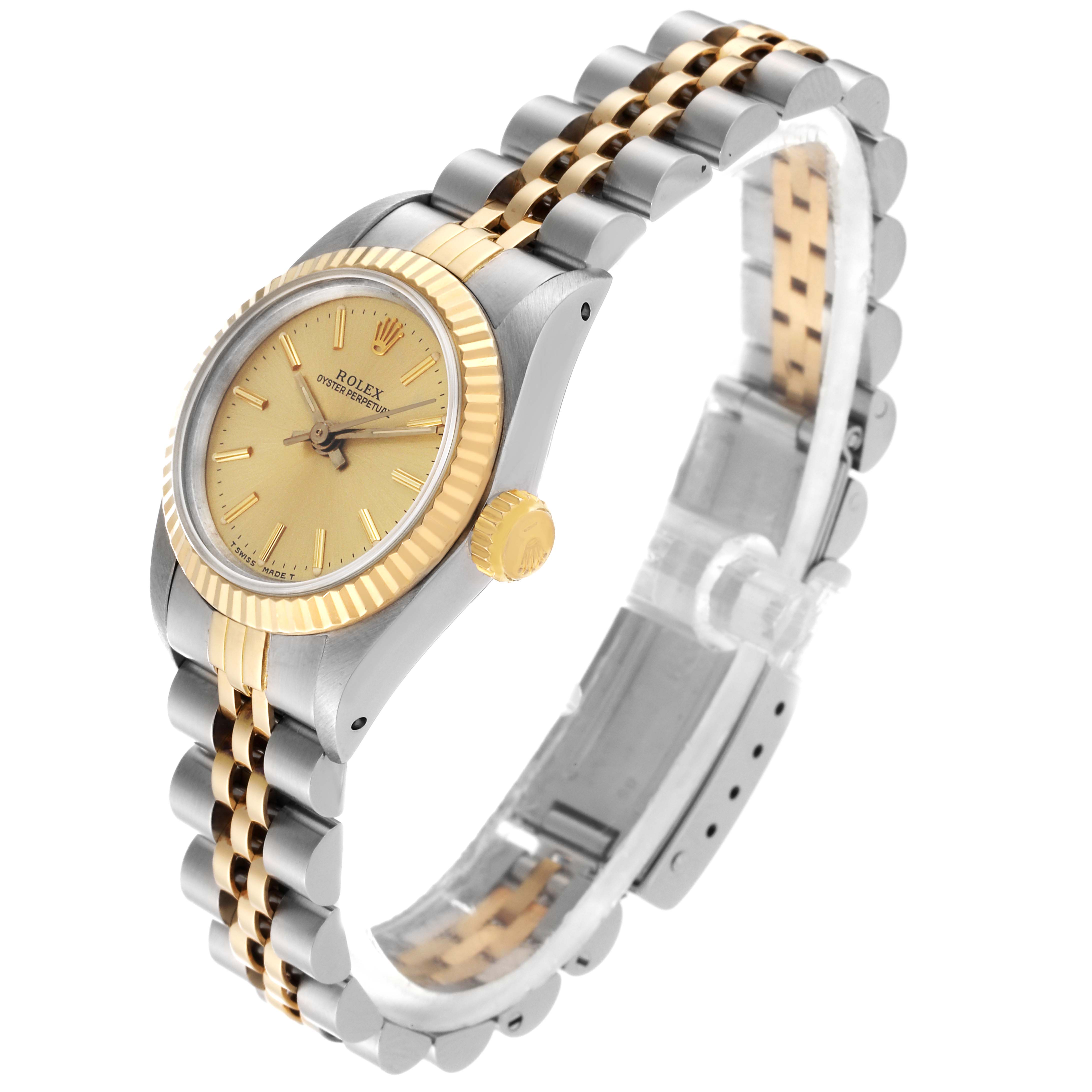 The Rolex Oyster Perpetual 67193 Women's Steel and Gold (two tone) Champagne Dial 67193 Women's Steel and Gold (two tone) Champagne Dial watch is shown from an angled side view, highlighting the gold bezel, crown, and two-tone bracelet.