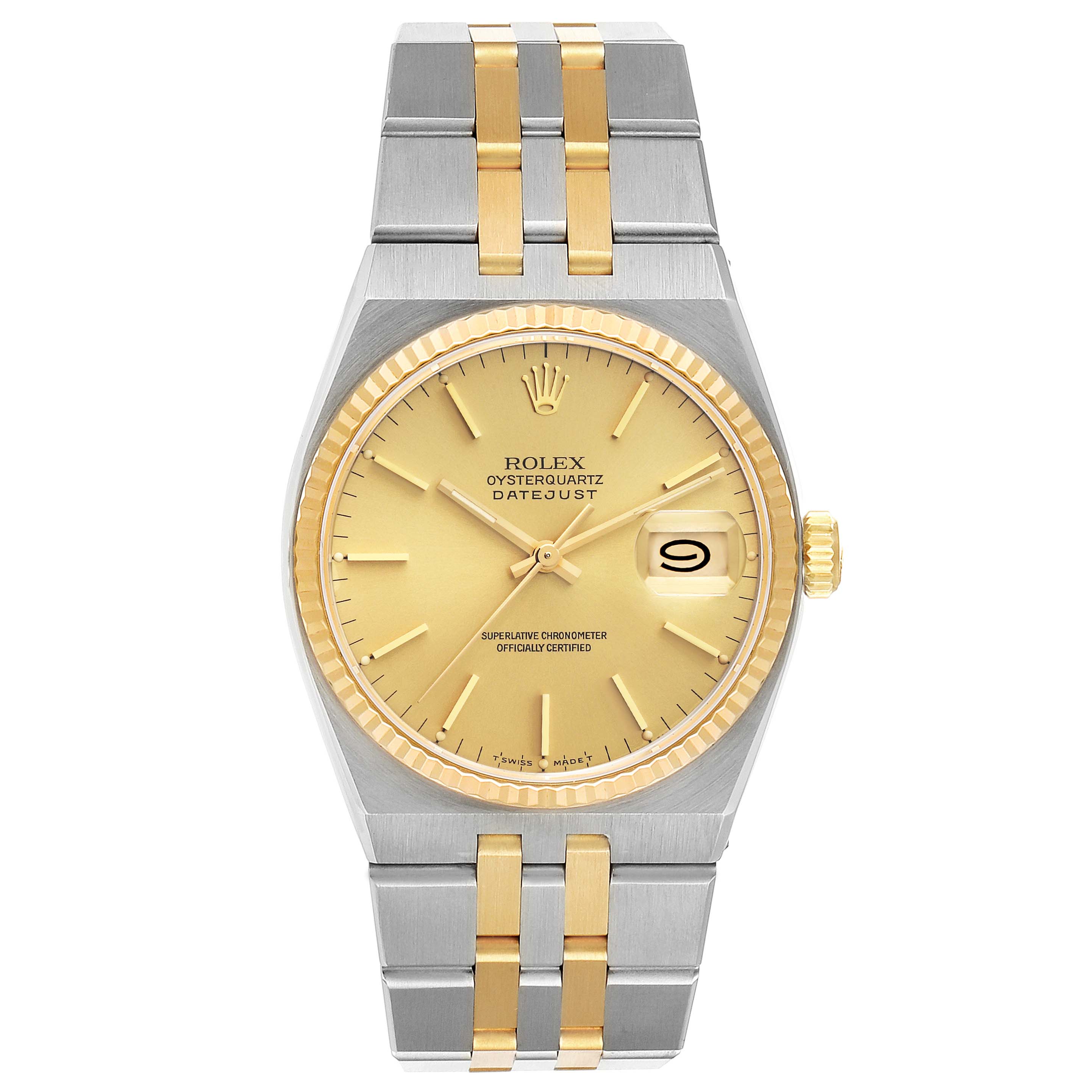 The image shows a Rolex Oysterquartz 17013 Men
s Steel and Gold (two tone) Champagne Dial 17013 Men
s Steel and Gold (two tone) Champagne Dial Datejust watch from a front view, highlighting the face, bezel, and bracelet.