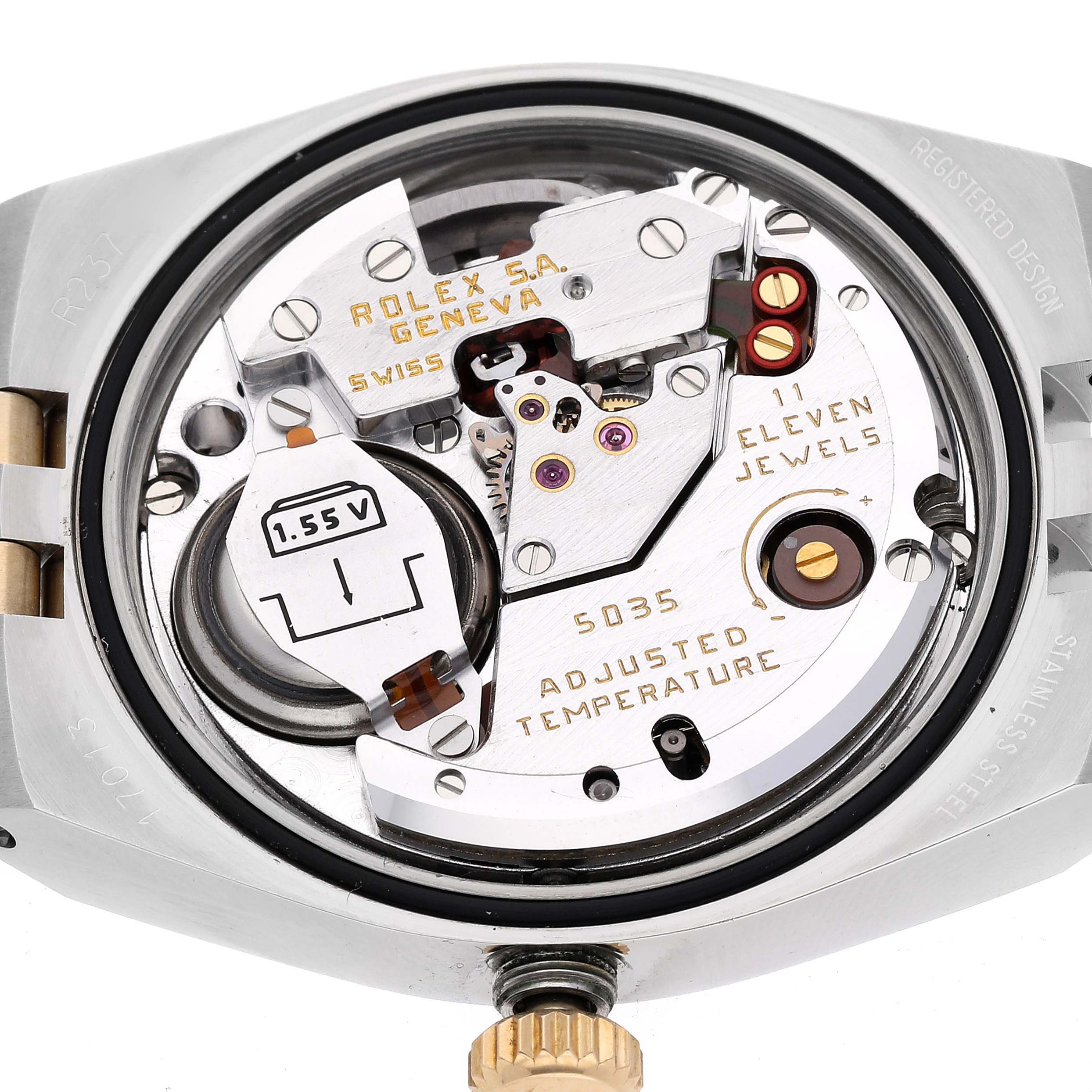 This image shows the movement and internal components of a Rolex Oysterquartz 17013 Men
s Steel and Gold (two tone) Champagne Dial 17013 Men
s Steel and Gold (two tone) Champagne Dial model watch.