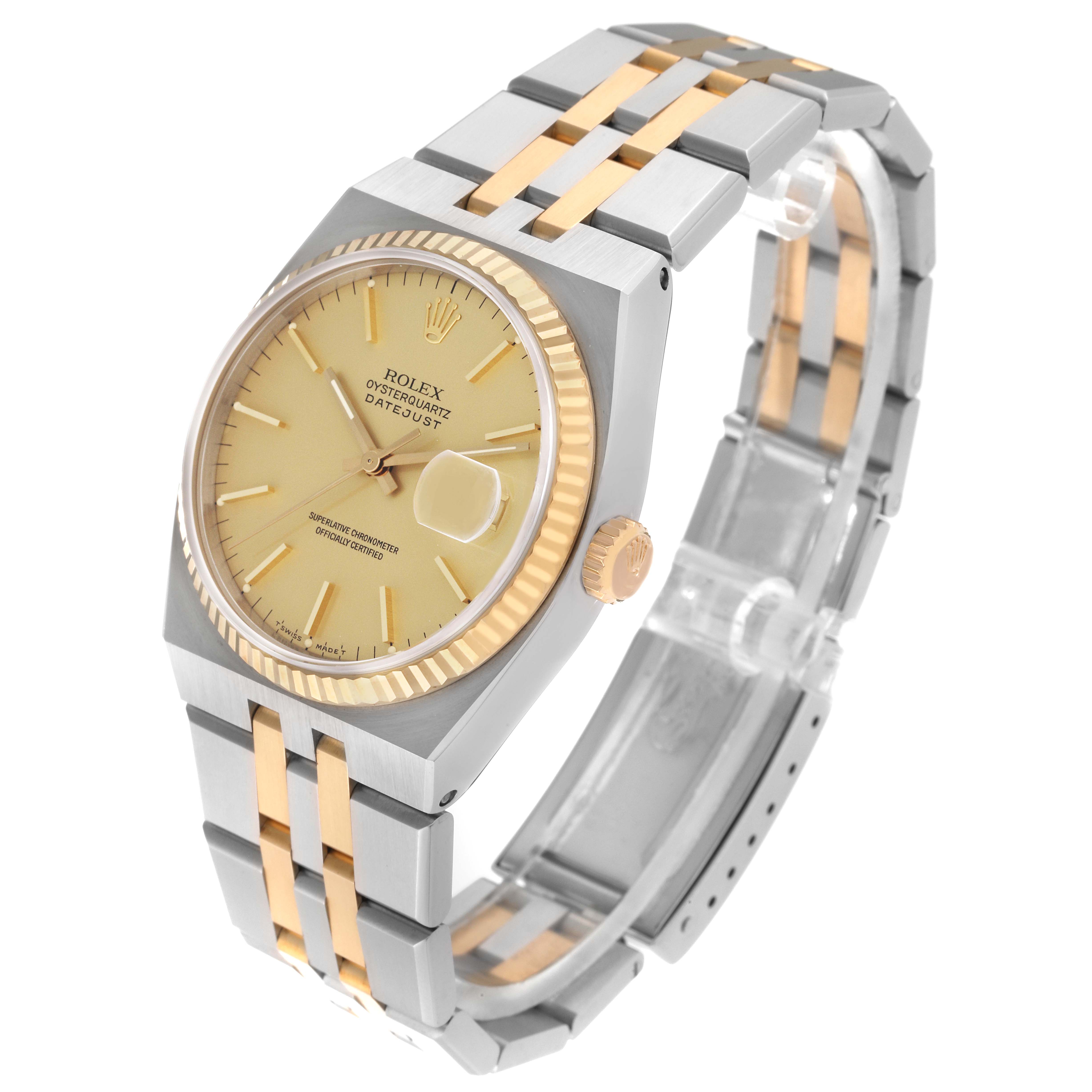 The image shows a Rolex Oysterquartz 17013 Men
s Steel and Gold (two tone) Champagne Dial 17013 Men
s Steel and Gold (two tone) Champagne Dial Datejust watch at an angled view, displaying the face, bezel, and two-tone bracelet.