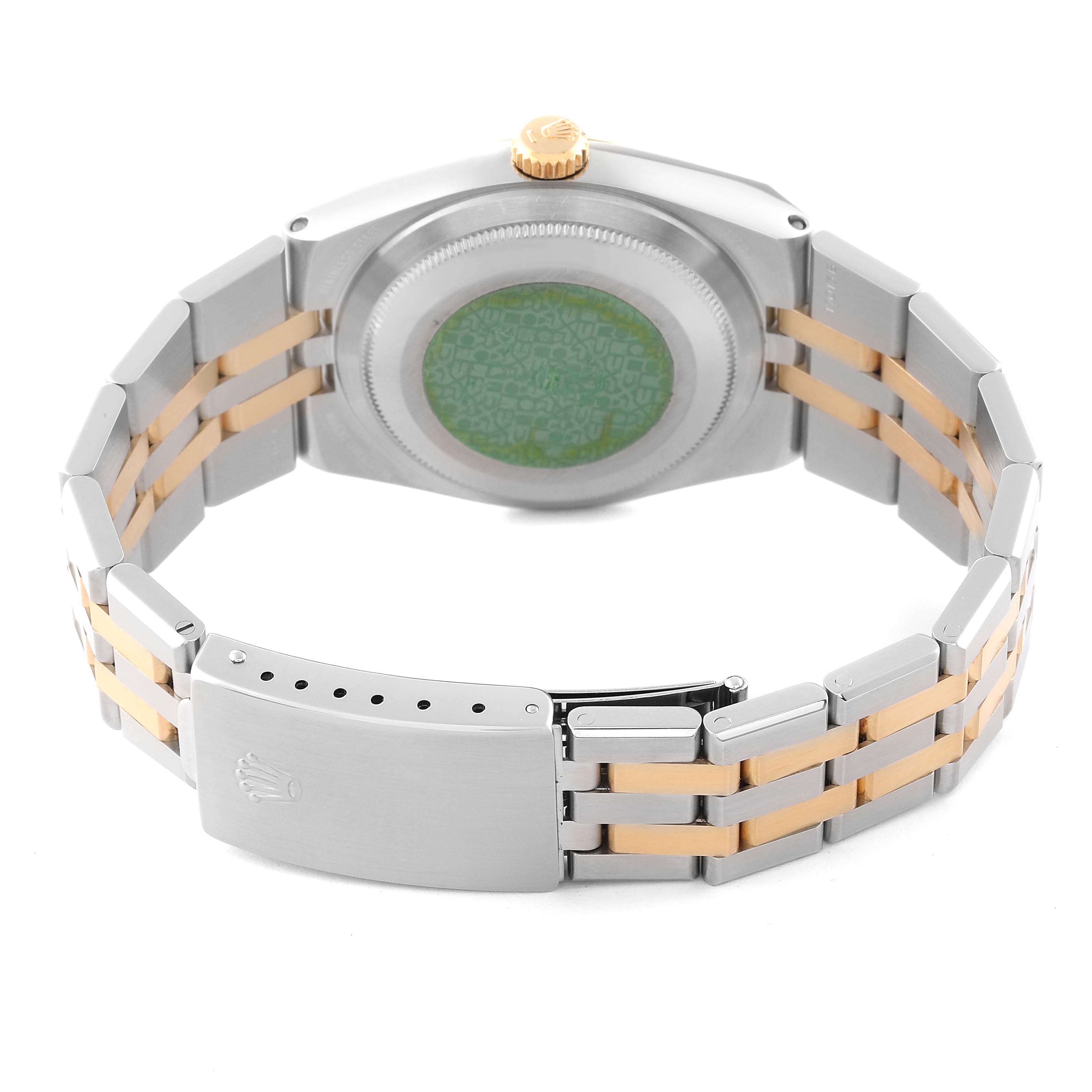 This image shows the back case, crown, and bracelet of a Rolex Oysterquartz 17013 Men
s Steel and Gold (two tone) Champagne Dial 17013 Men
s Steel and Gold (two tone) Champagne Dial watch; the clasp is also visible.