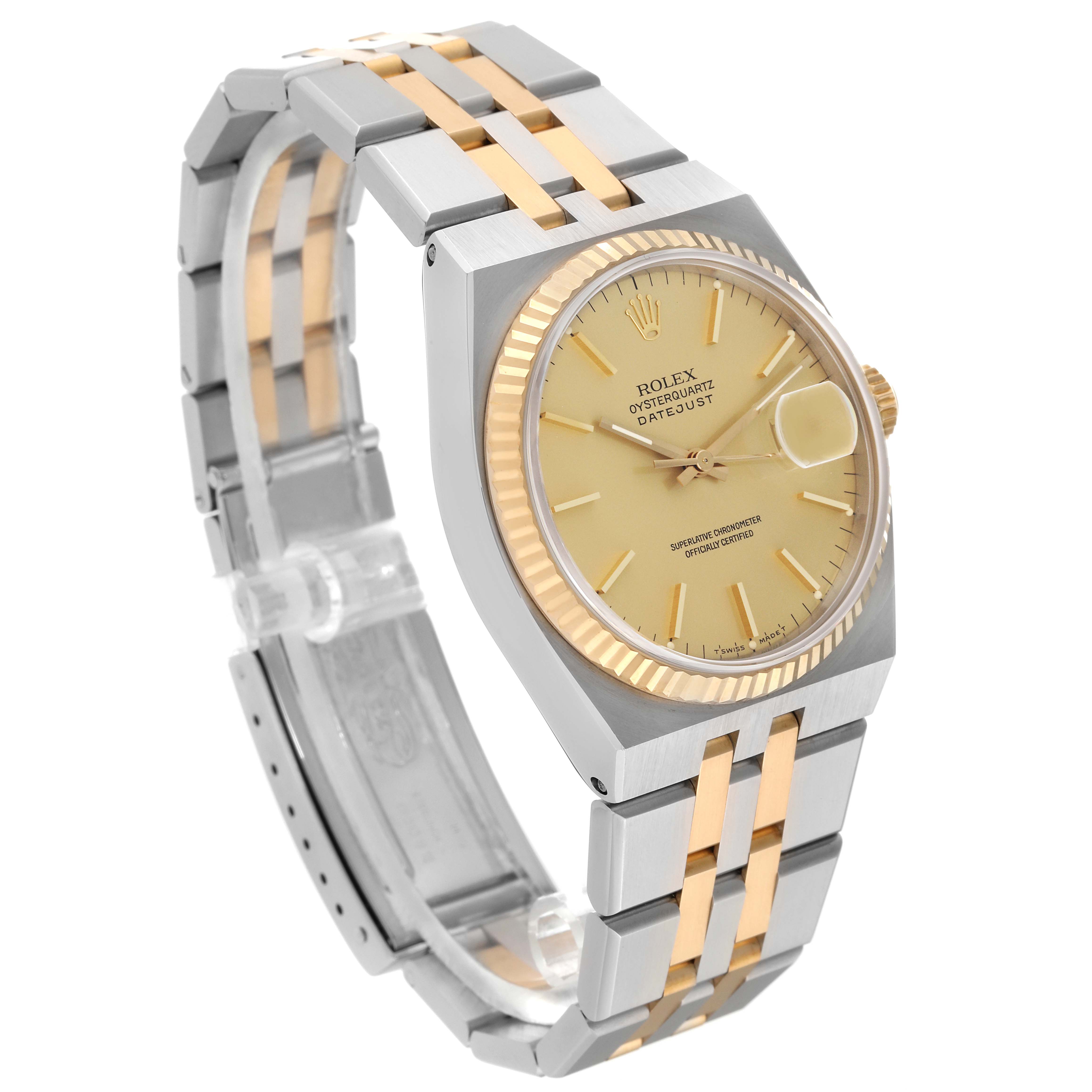 The image shows a side angle of a Rolex Oysterquartz 17013 Men
s Steel and Gold (two tone) Champagne Dial 17013 Men
s Steel and Gold (two tone) Champagne Dial watch, highlighting the two-tone bracelet, gold bezel, and champagne dial.