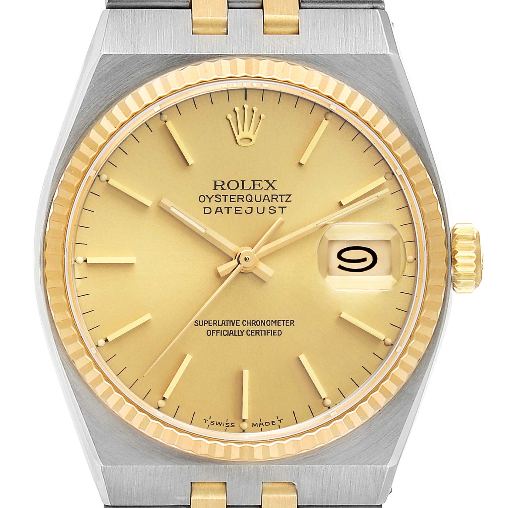 The image shows a front view of the Rolex Oysterquartz 17013 Men
s Steel and Gold (two tone) Champagne Dial 17013 Men
s Steel and Gold (two tone) Champagne Dial Datejust, highlighting its gold dial, bezel, and date window.