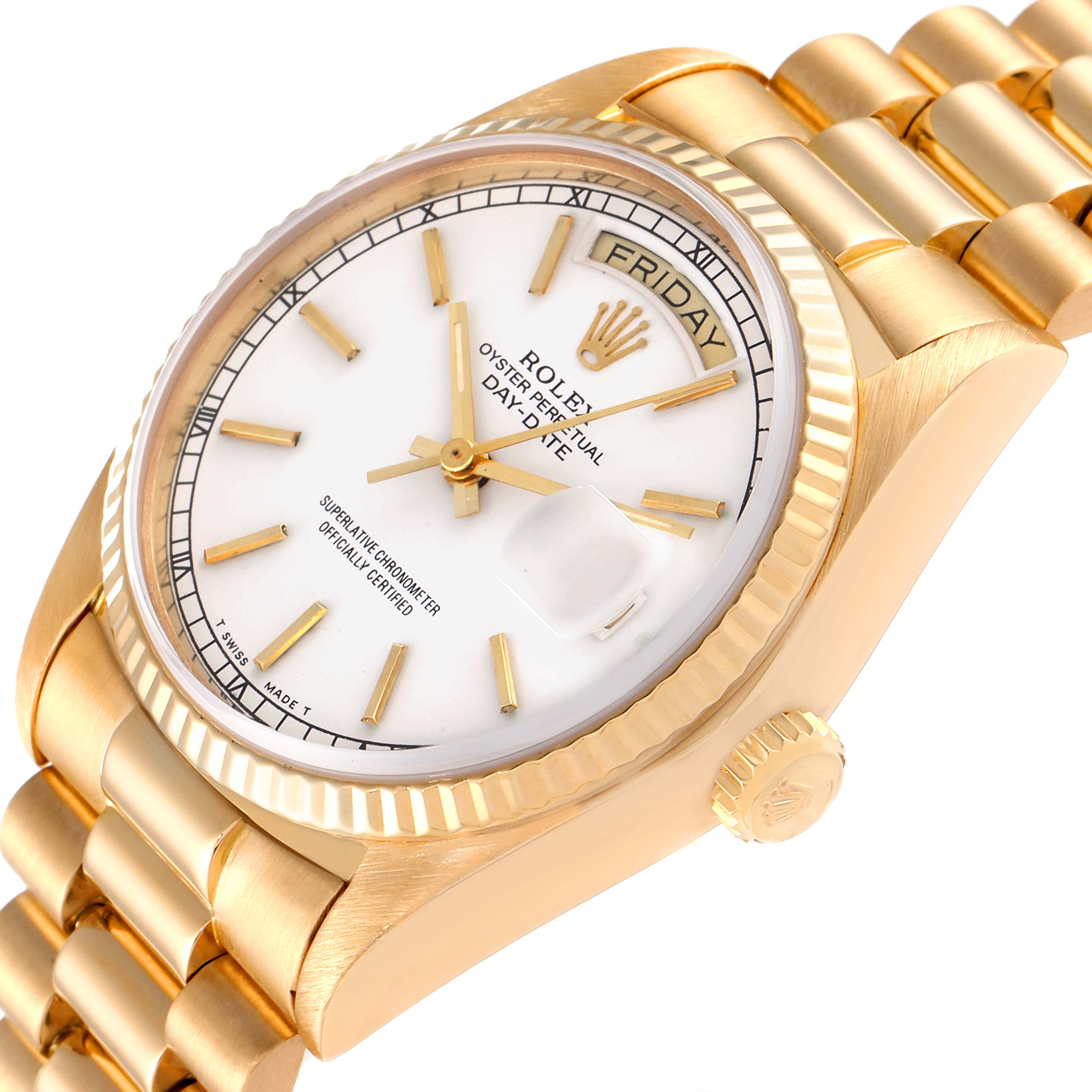The image shows a close-up angle of the Rolex President 18038 Men's Yellow Gold White Dial 18038 Men's Yellow Gold White Dial watch, highlighting its face, bezel, crown, and part of the bracelet.