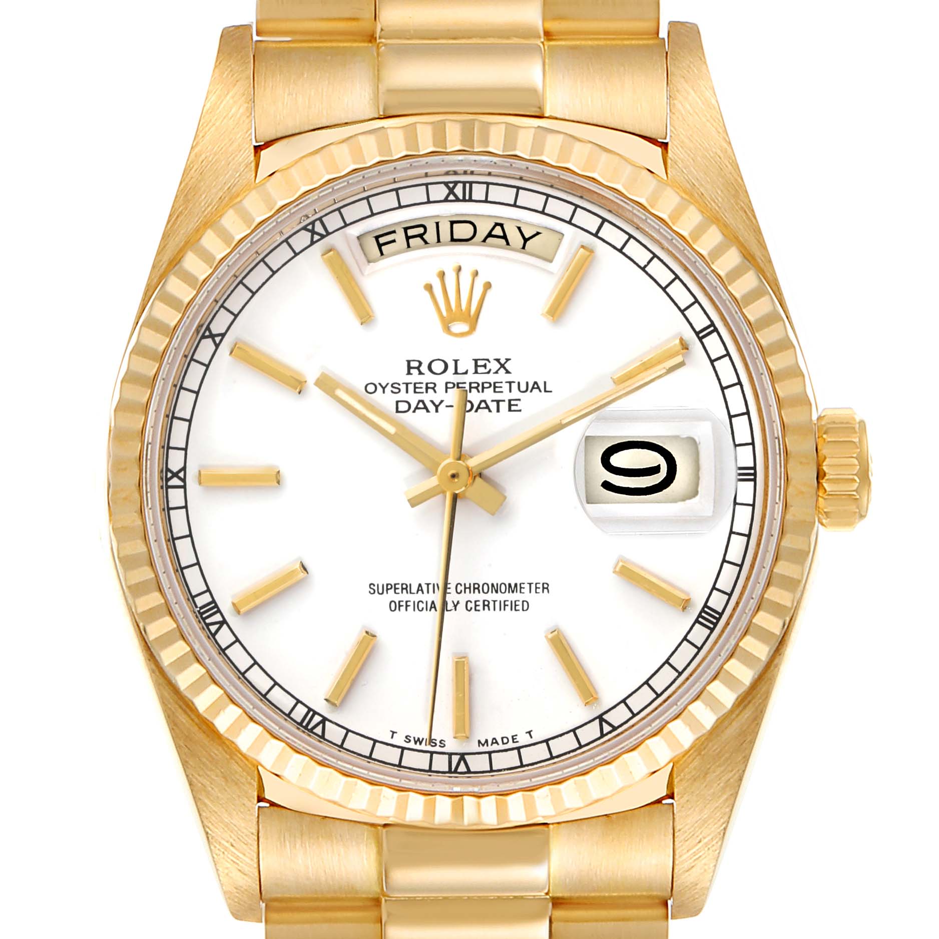 The image shows a frontal view of a Rolex President 18038 Men's Yellow Gold White Dial 18038 Men's Yellow Gold White Dial model, revealing the face, bezel, and part of the bracelet.