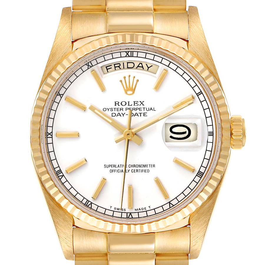 Rolex President Day-Date 36mm Yellow Gold White Dial Mens Watch 18038 SwissWatchExpo