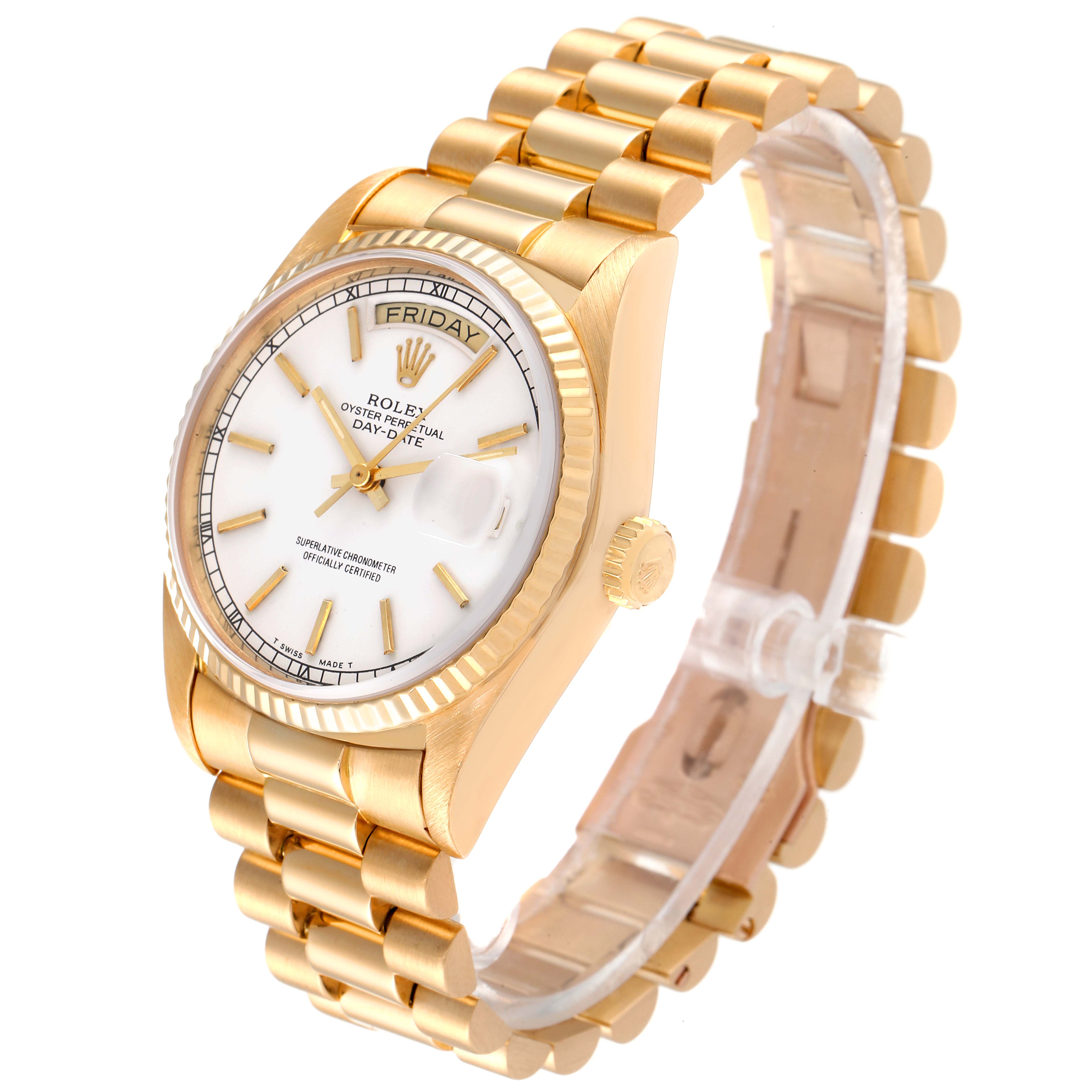 The Rolex President 18038 Men's Yellow Gold White Dial 18038 Men's Yellow Gold White Dial model watch is shown at a slight angle, displaying its face, band, and side crown.