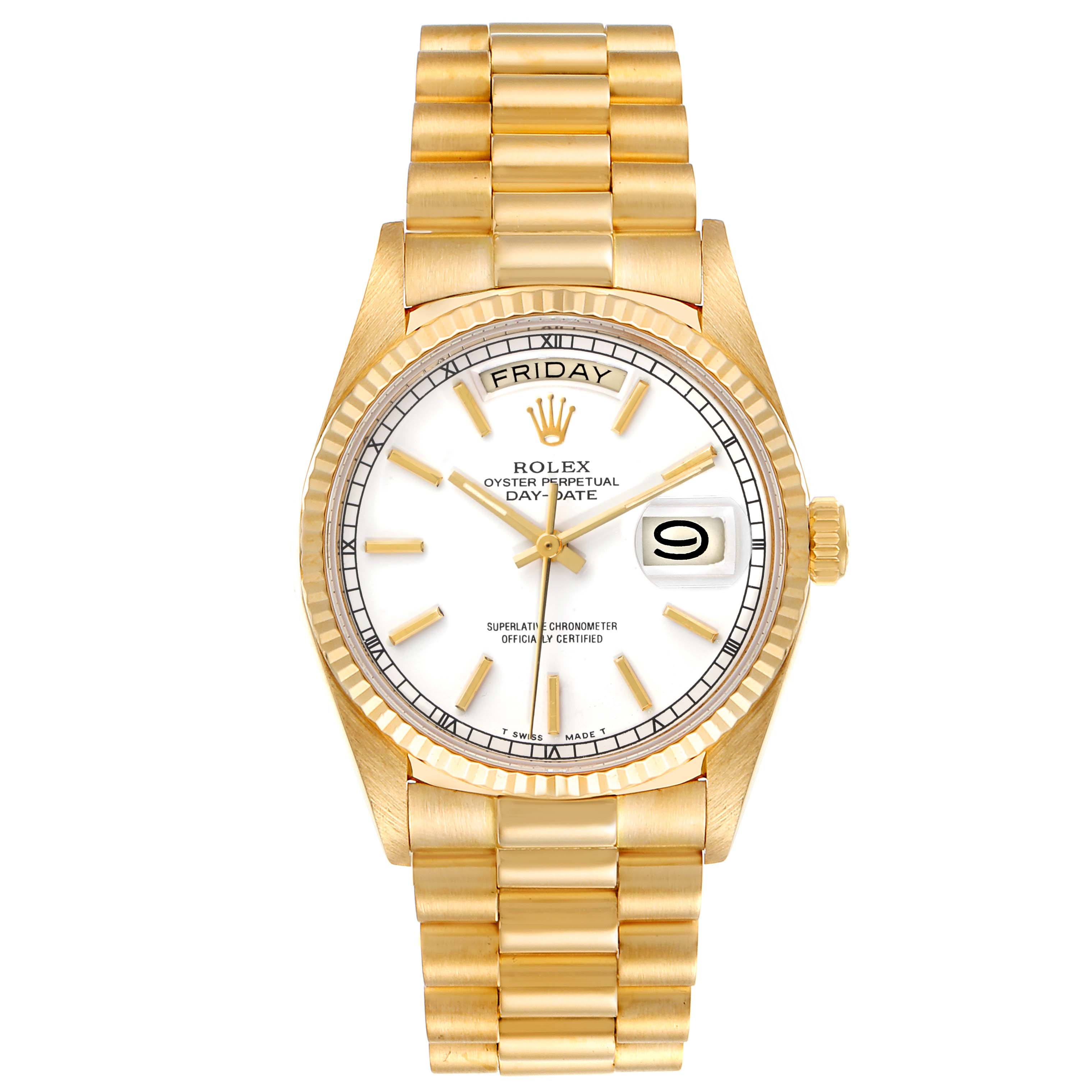 The Rolex President 18038 Men's Yellow Gold White Dial 18038 Men's Yellow Gold White Dial model watch is shown from a front angle displaying its face, bezel, and bracelet.