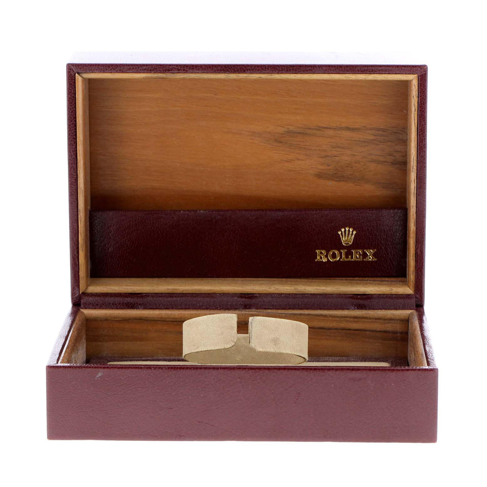 The image shows an open burgundy Rolex watch box for the President model, with an empty beige watch holder inside.