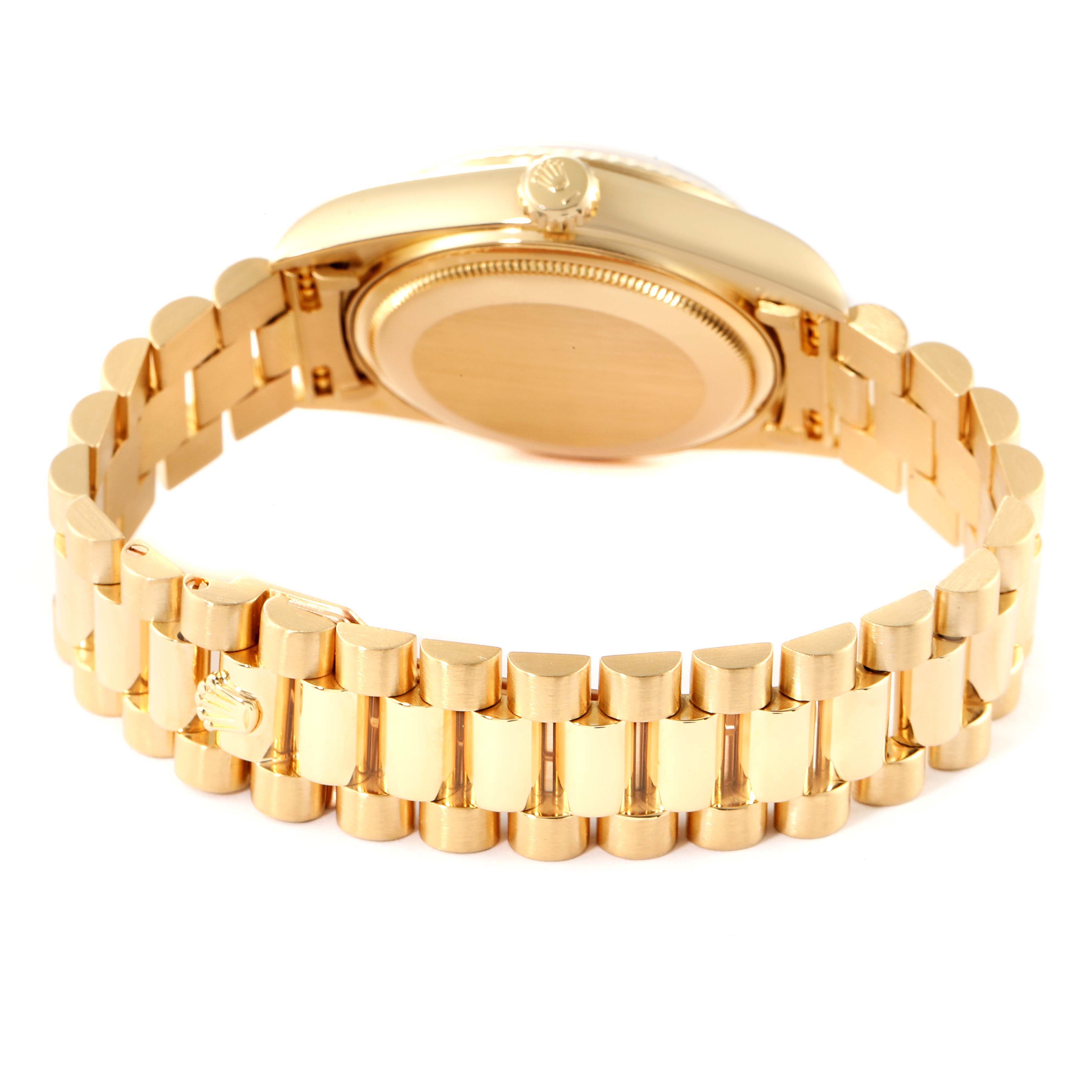 This image shows the back case and bracelet of a gold Rolex President 18038 Men's Yellow Gold White Dial 18038 Men's Yellow Gold White Dial model watch from a rear angle.