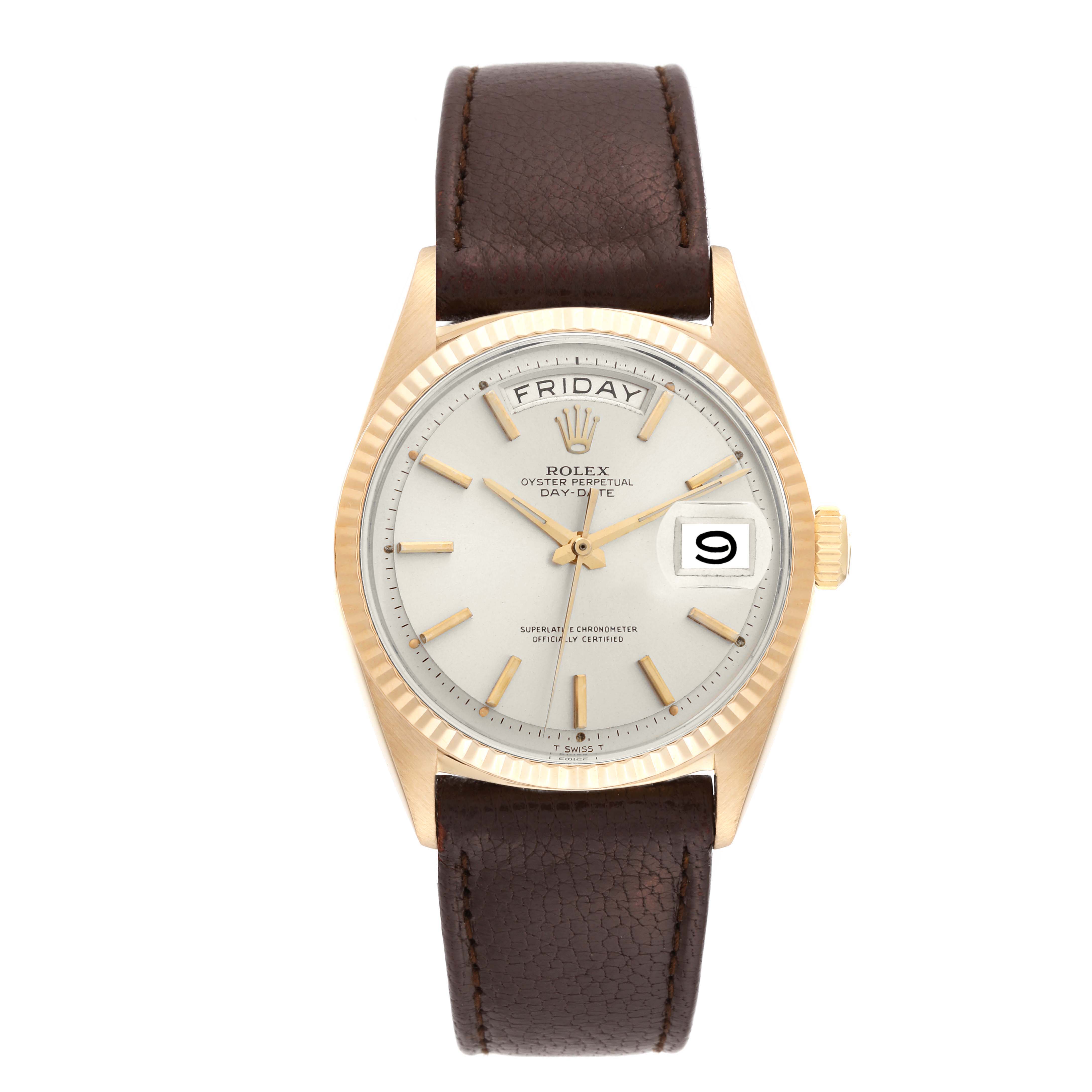 The Rolex Vintage Collection 1803 Men's Yellow Gold Silver Dial 1803 Men's Yellow Gold Silver Dial watch is shown from the front, displaying its face, hands, crown, and brown leather strap.