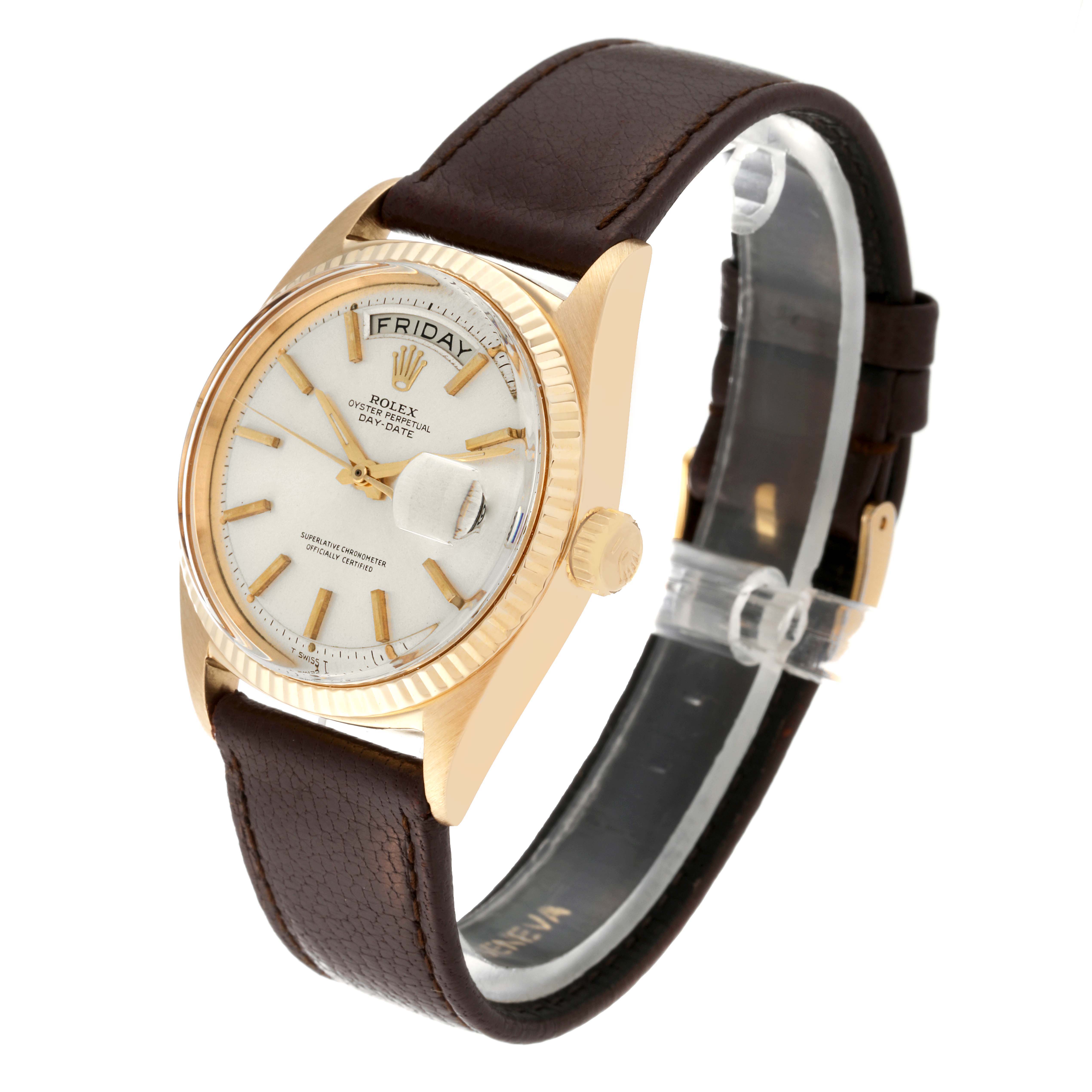 The image shows a Rolex Vintage Collection 1803 Men's Yellow Gold Silver Dial 1803 Men's Yellow Gold Silver Dial watch at a slight angle, highlighting its face, bezel, crown, and leather strap.